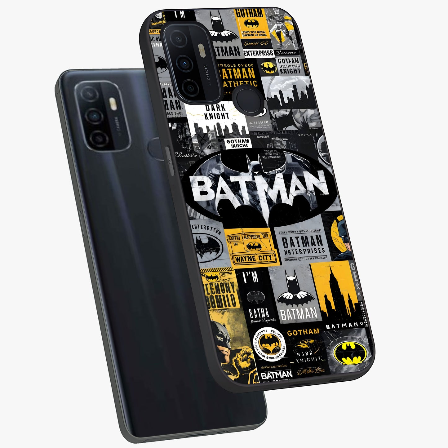 Knight Gotham Rise Glass Case displayed in angled mockup highlighting powerful knight silhouette design with dramatic aesthetic.