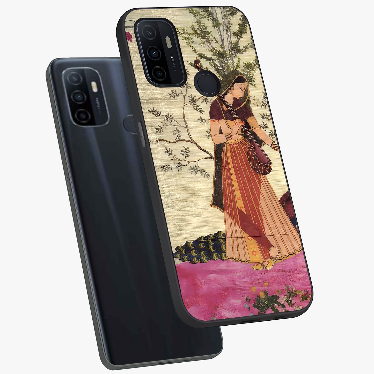 Lady With Veena Art Glass Case displayed in angled mockup highlighting graceful musical illustration with cultural artistic aesthetic.