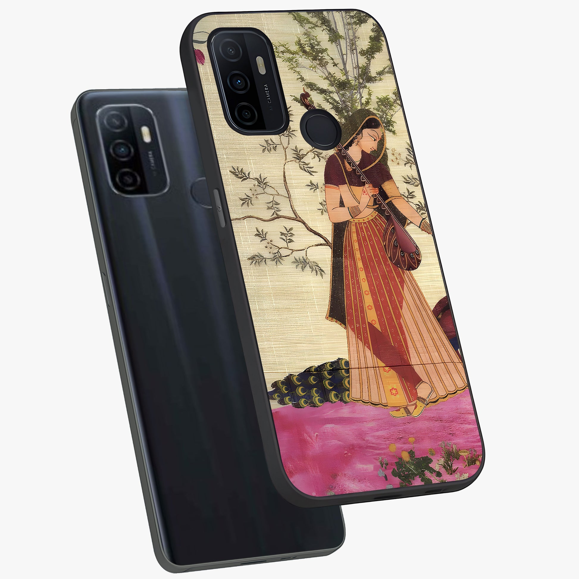 Lady With Veena Art Glass Case displayed in angled mockup highlighting graceful musical illustration with cultural artistic aesthetic.