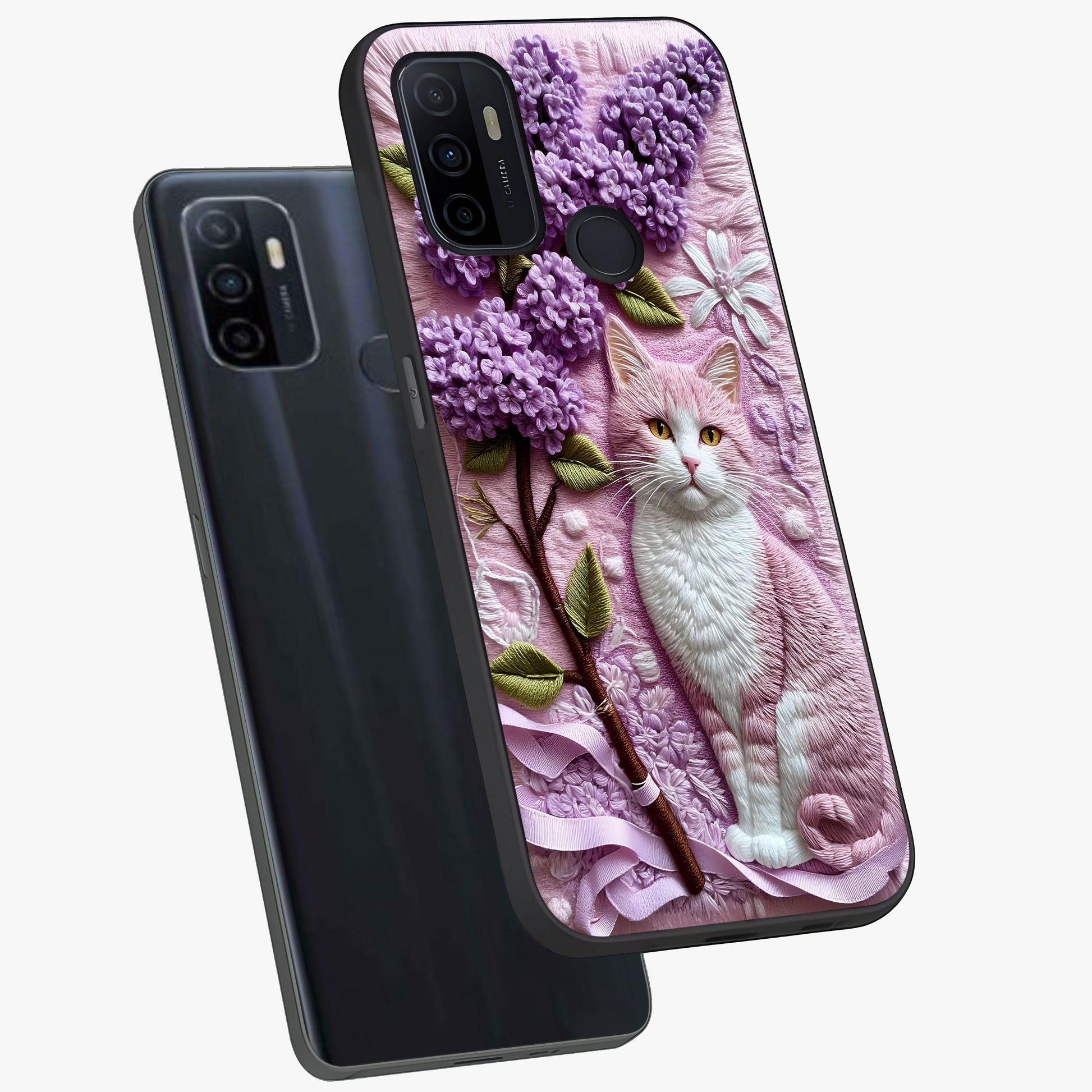 Lavender Cat Whimsy Glass Case displayed in angled mockup highlighting playful feline illustration with pastel lavender aesthetic.