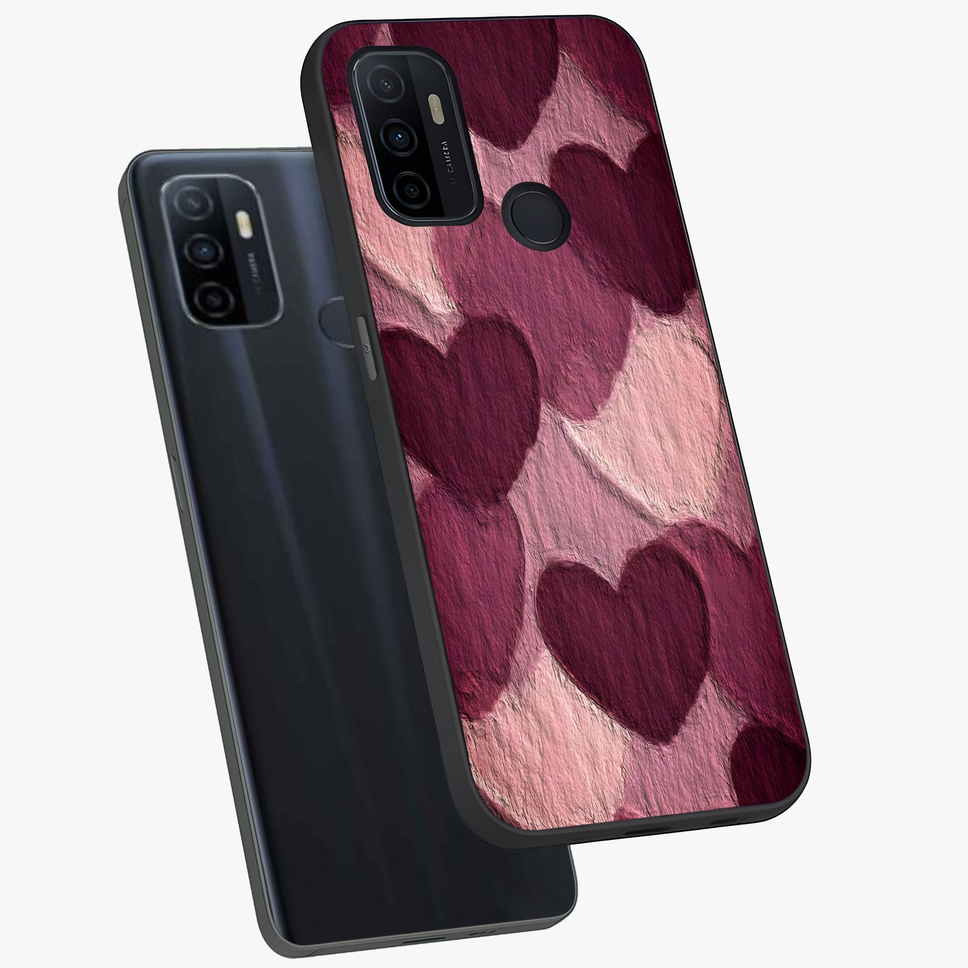 Layered Paper Hearts Glass Case displayed in angled mockup highlighting creative paper craft heart design with romantic aesthetic.