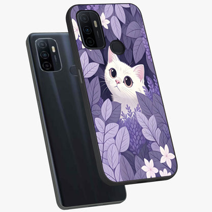 Lilac Hide Peek Cat Glass Case displayed in angled mockup highlighting playful feline illustration with lilac aesthetic design.