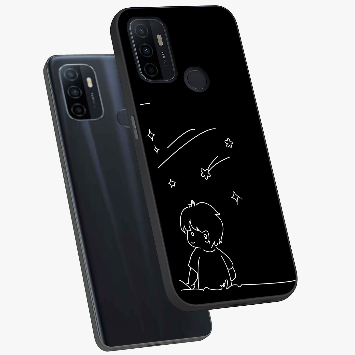 Line Art Boy With Shooting Stars Glass Case displayed in angled mockup highlighting elegant line art design with dreamy star aesthetic.