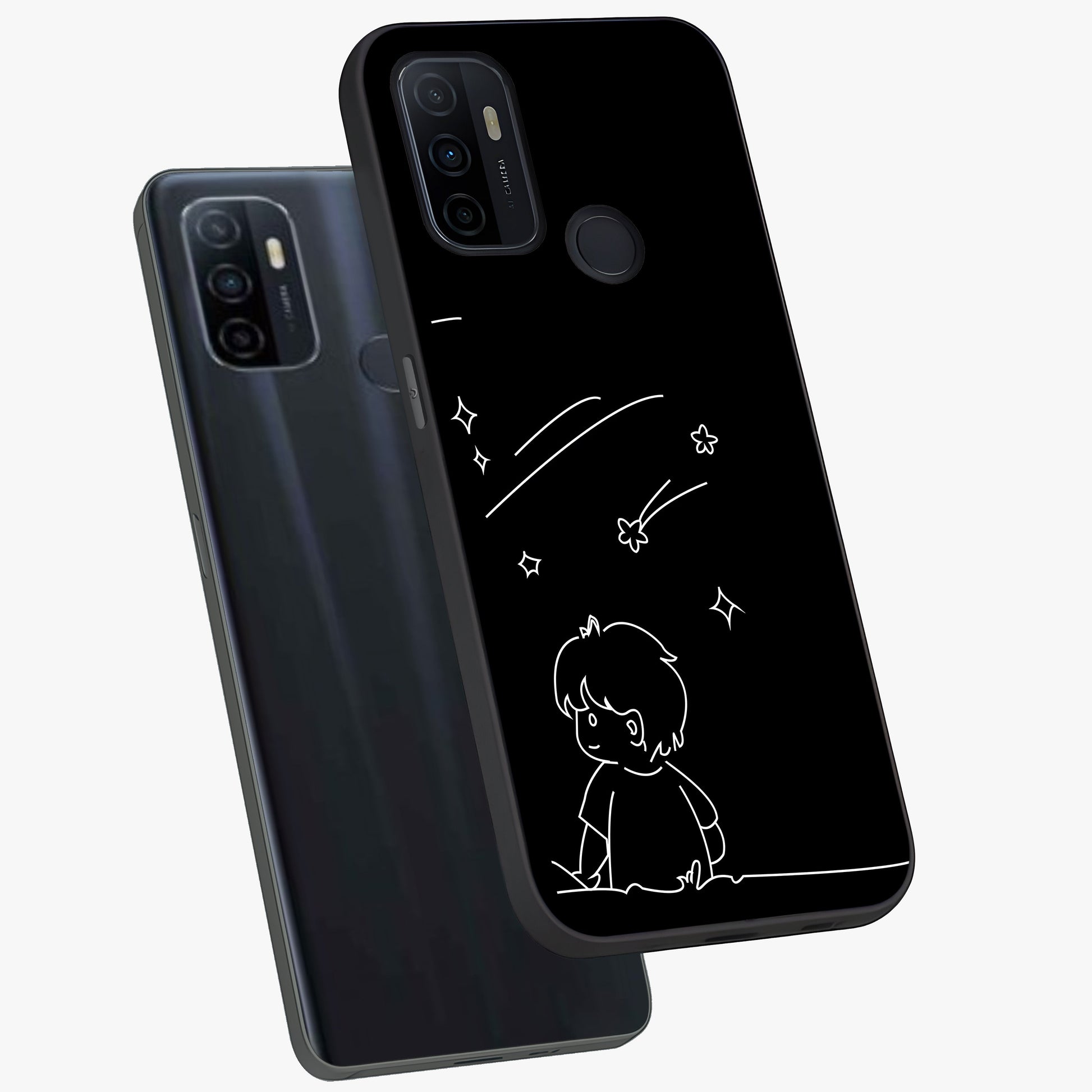 Line Art Boy With Shooting Stars Glass Case displayed in angled mockup highlighting elegant line art design with dreamy star aesthetic.