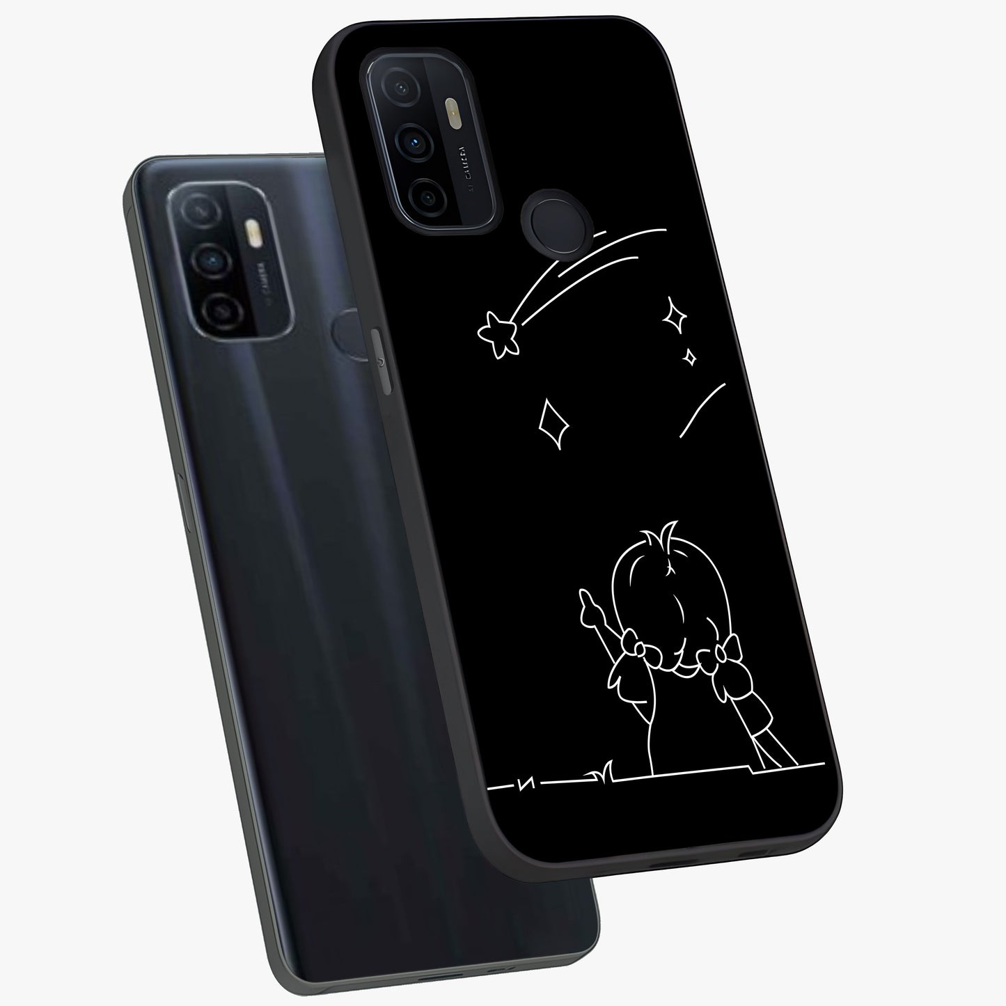 Line Art Girl With Shooting Stars Glass Case displayed in angled mockup highlighting elegant line art design with dreamy star aesthetic.