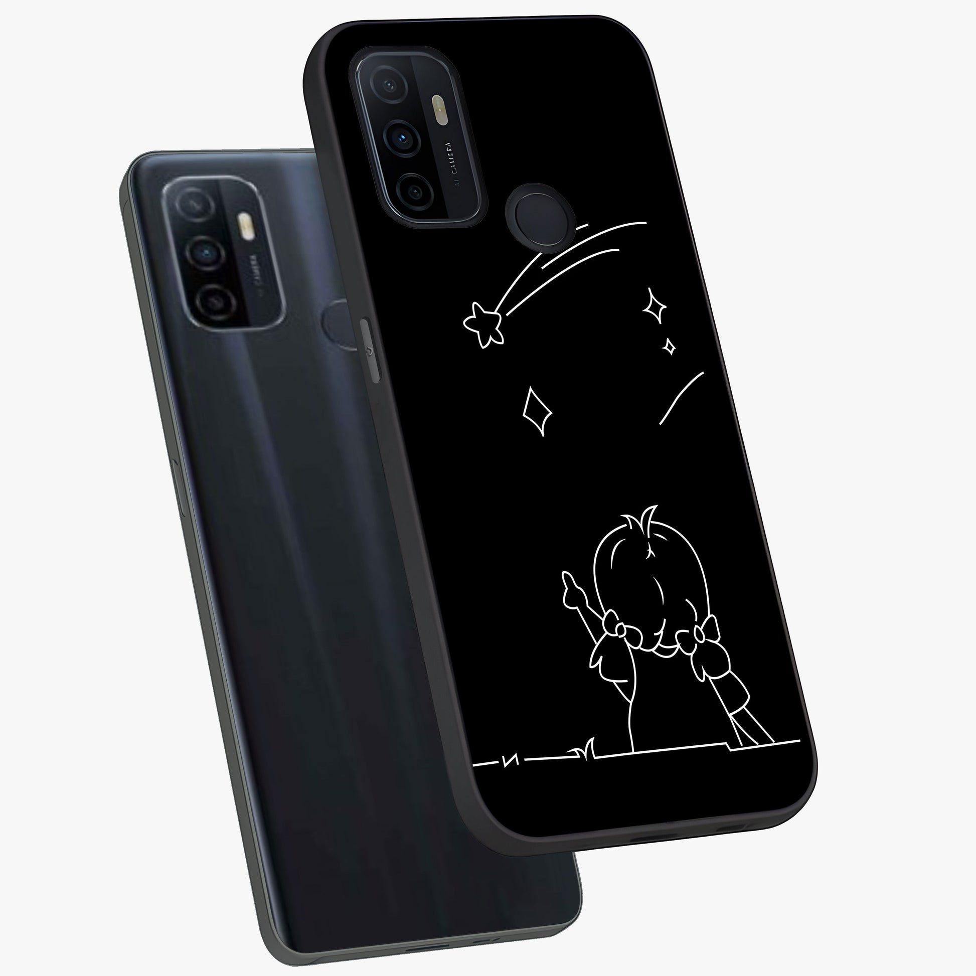 Line Art Girl With Shooting Stars Glass Case displayed in angled mockup highlighting elegant line art design with dreamy star aesthetic.