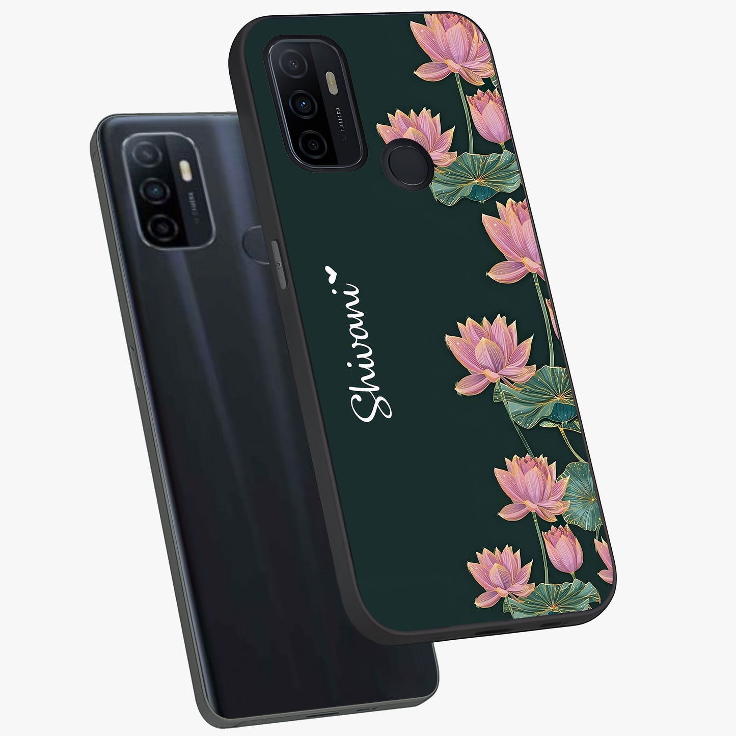 Lotus Bloom Serenity Custom Name Glass Case displayed in angled mockup highlighting graceful lotus illustration with custom name feature.