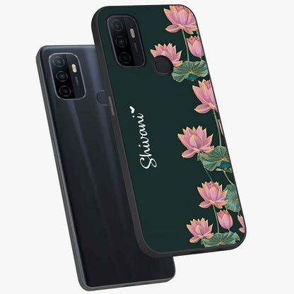 Lotus Bloom Serenity Custom Name Glass Case displayed in angled mockup highlighting graceful lotus illustration with custom name feature.