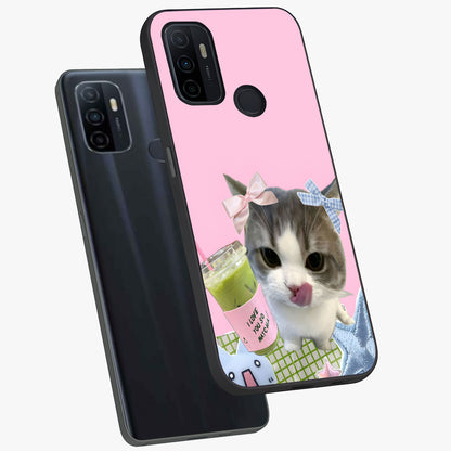 Love Matcha Cat Glass Case displayed in angled mockup highlighting playful feline illustration with cozy matcha aesthetic.