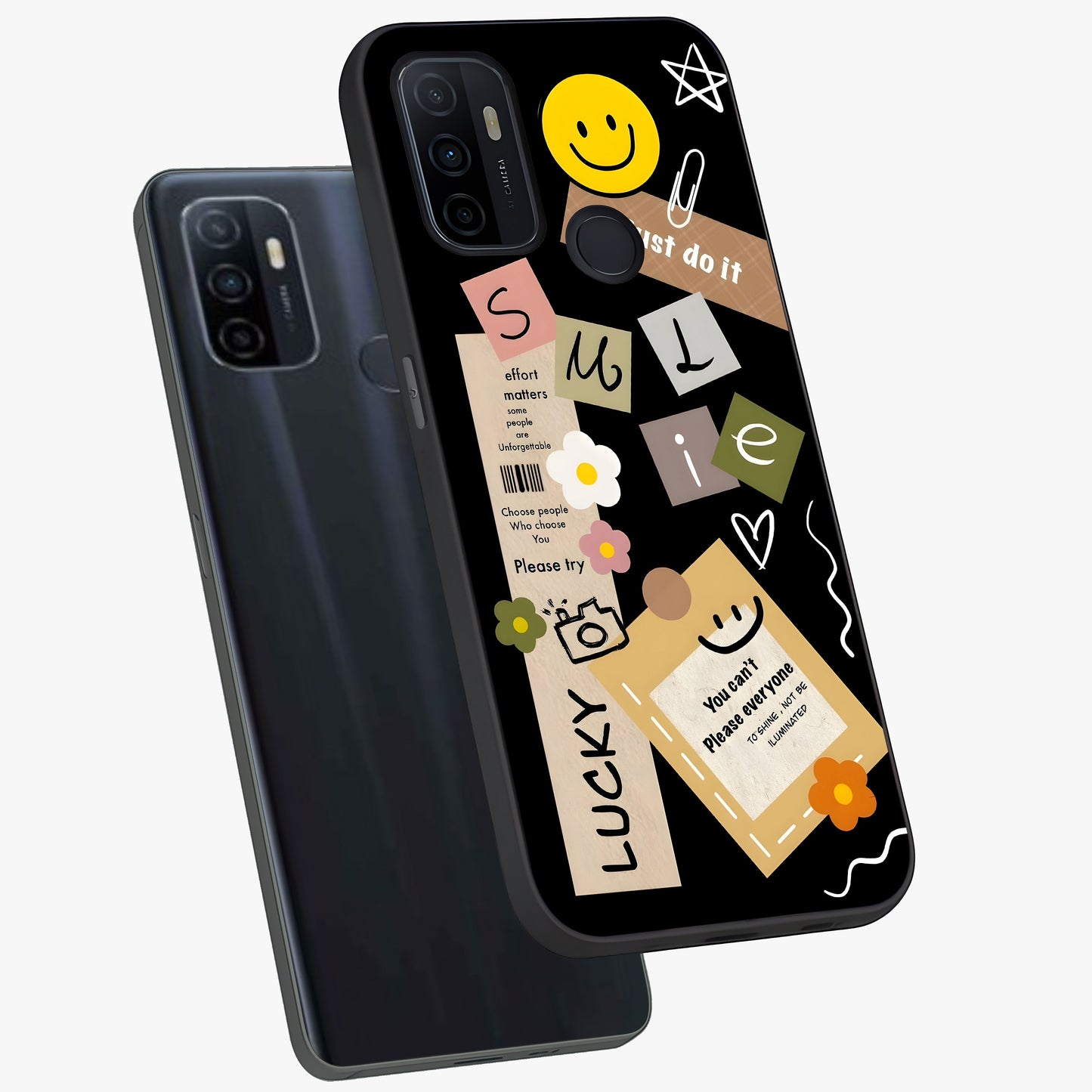 Lucky Aesthetic Collage Glass Case displayed in angled mockup highlighting stylish collage pattern with modern aesthetic vibe.