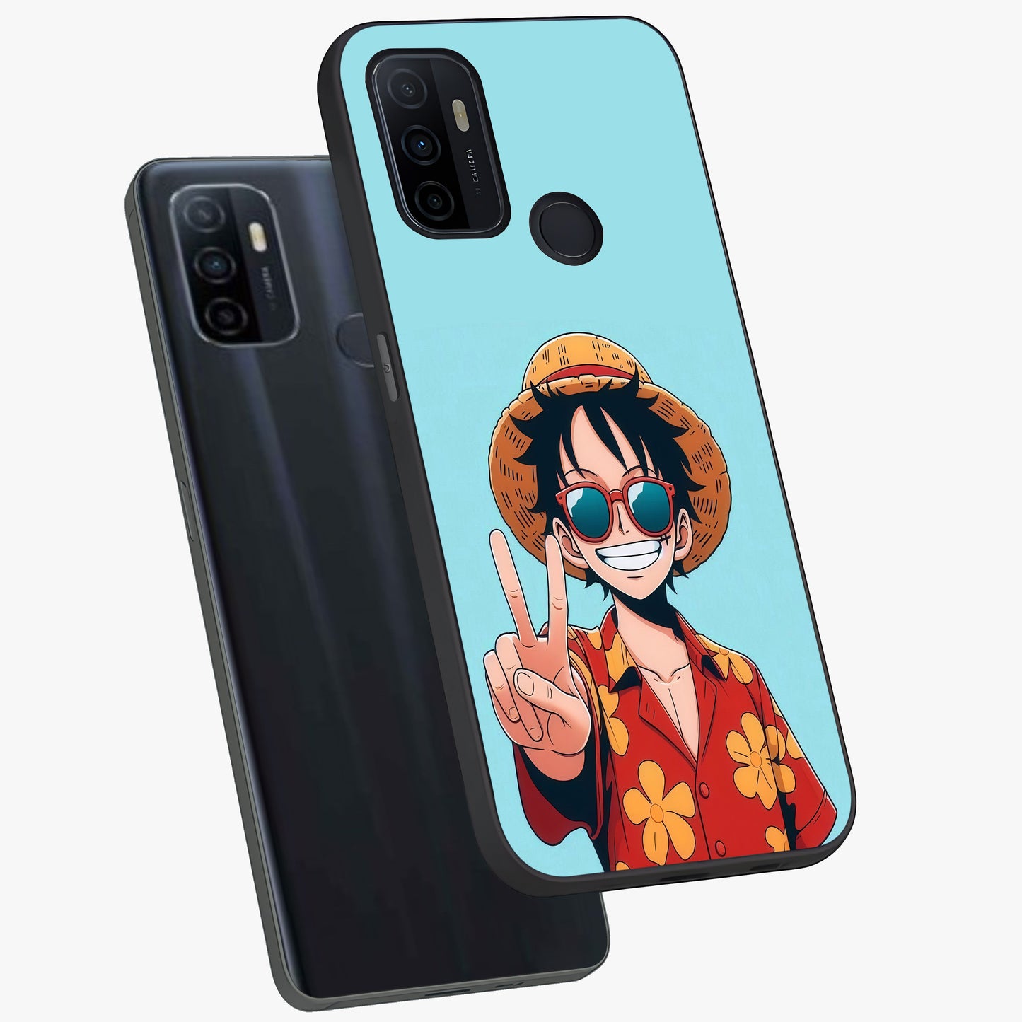 Luffy Summer Anime Vibe Glass Case displayed in angled mockup highlighting energetic anime illustration with summer vibe aesthetic.