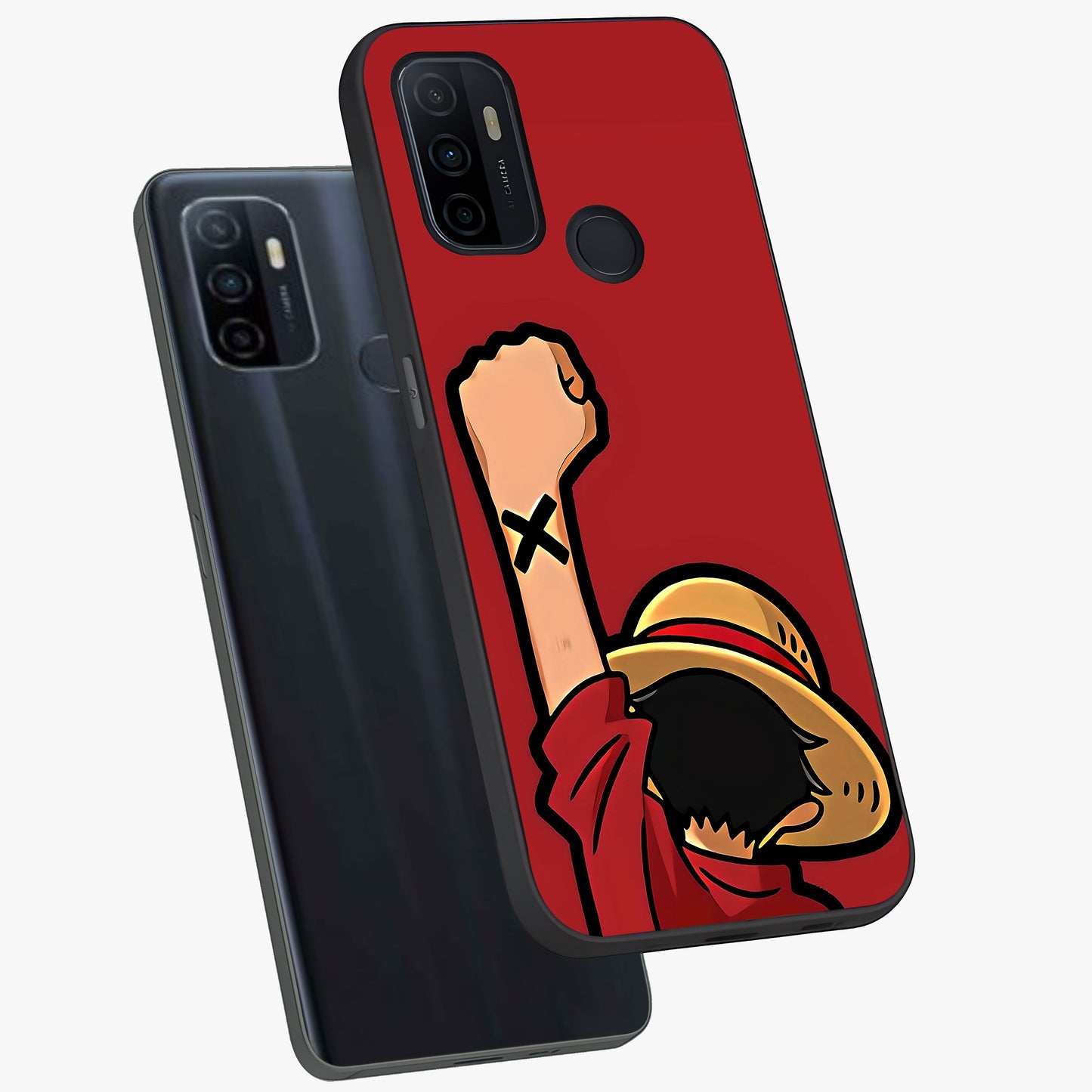 Luffy X Spirit Glass Case displayed in angled mockup highlighting powerful anime design with energetic action aesthetic.