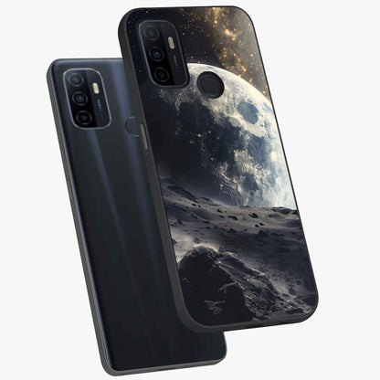 Lunar Horizon Glow Glass Case displayed in angled mockup highlighting celestial moon design with dreamy night aesthetic.