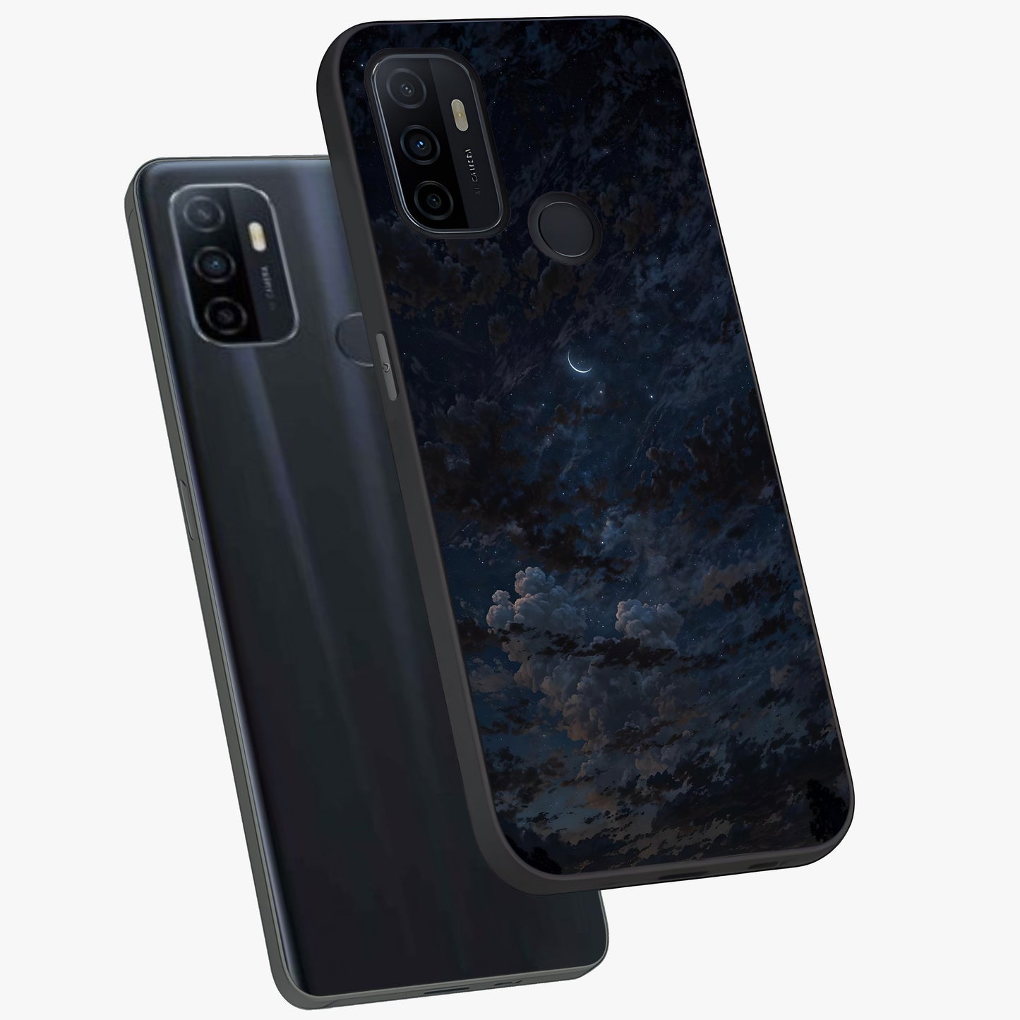 Lunar Veil Silence Glass Case displayed in angled mockup highlighting soft lunar design with peaceful celestial aesthetic.
