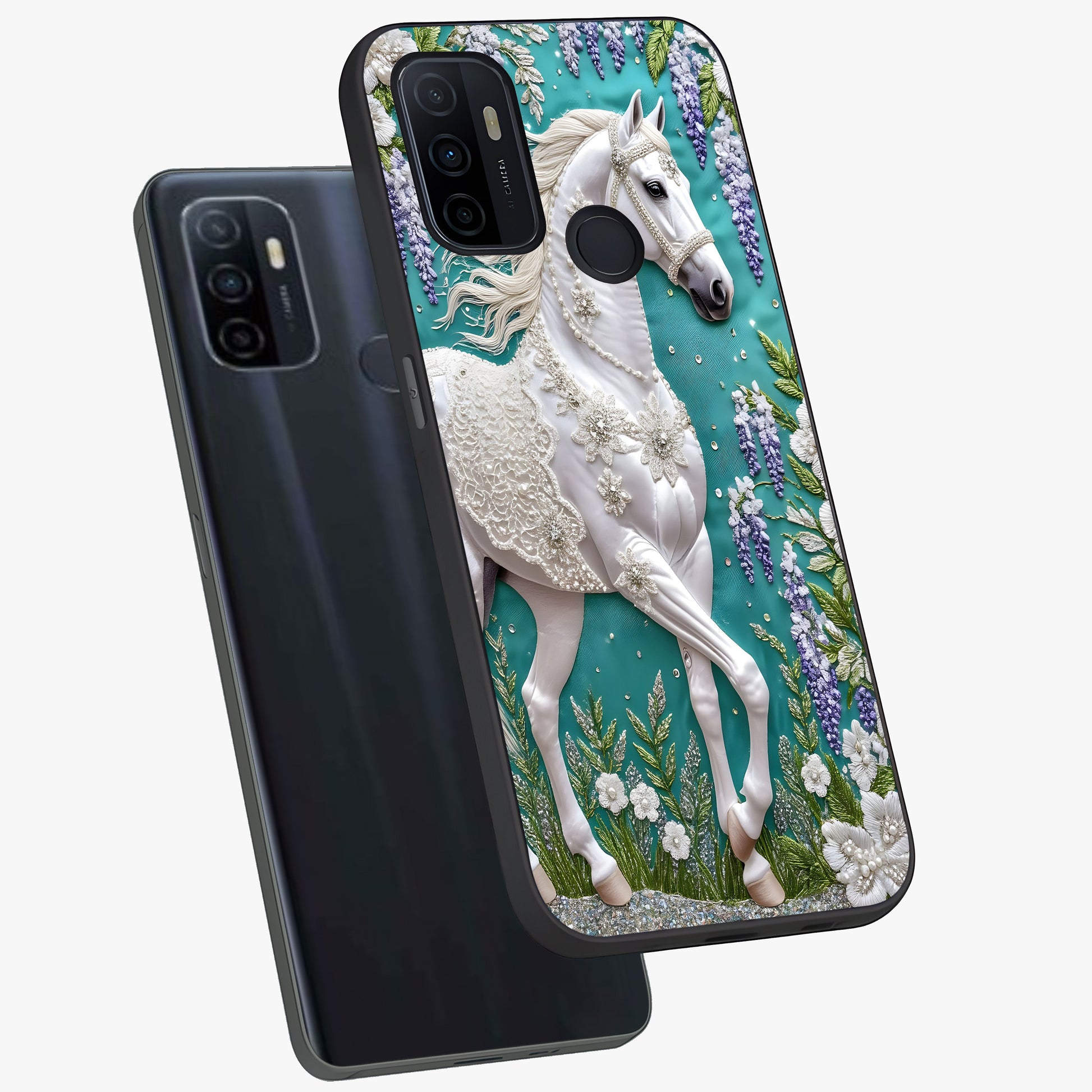 Majestic Floral Stallion Glass Case displayed in angled mockup highlighting majestic stallion illustration with elegant floral aesthetic.