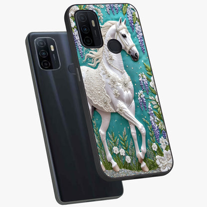 Majestic Floral Stallion Glass Case displayed in angled mockup highlighting majestic stallion illustration with elegant floral aesthetic.