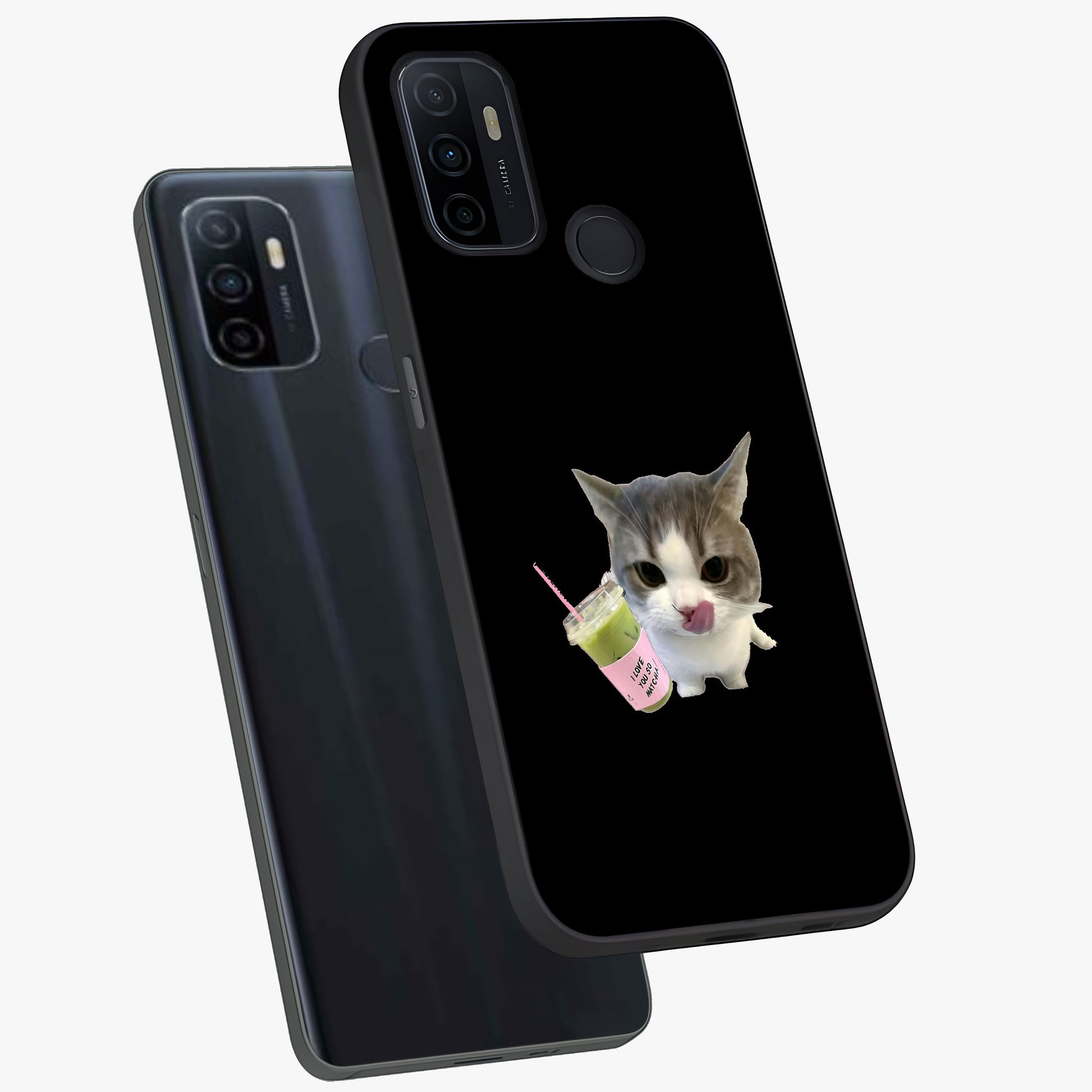 Matcha Cat Style Glass Case displayed in angled mockup highlighting playful feline design with pastel matcha aesthetic.