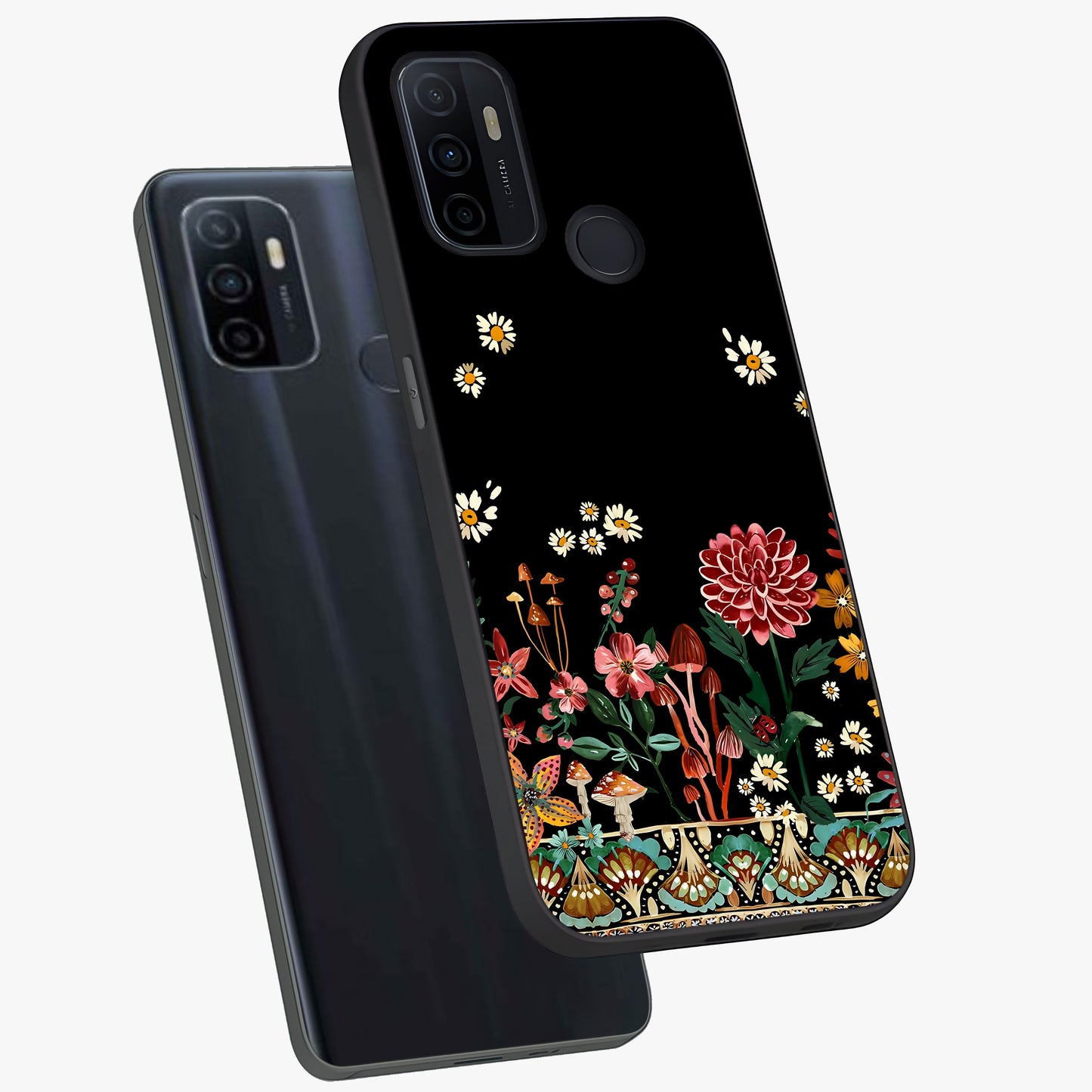 Midnight Bloom Pattern Glass Case displayed in angled mockup highlighting elegant flower design with midnight aesthetic style.