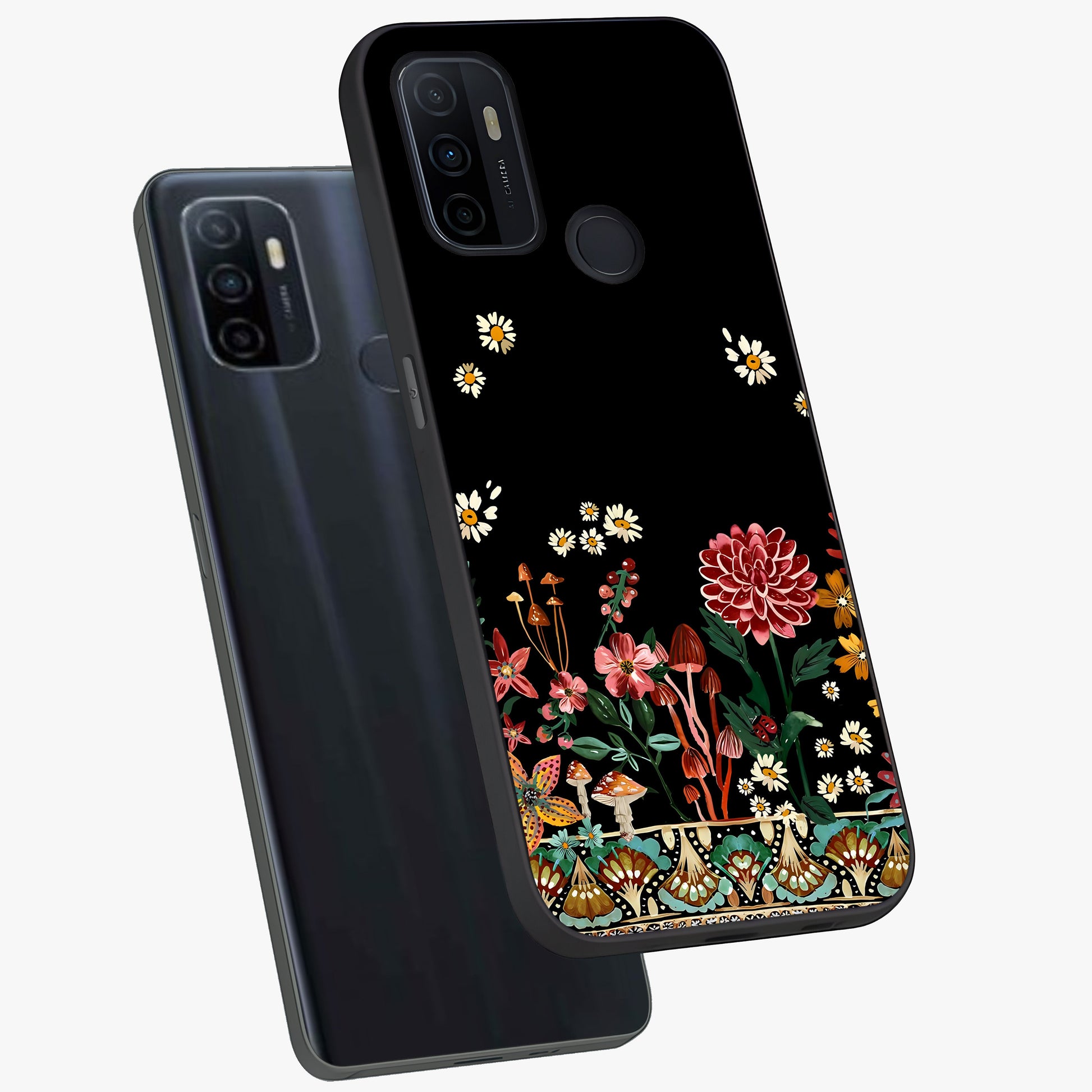 Midnight Bloom Pattern Glass Case displayed in angled mockup highlighting elegant flower design with midnight aesthetic style.