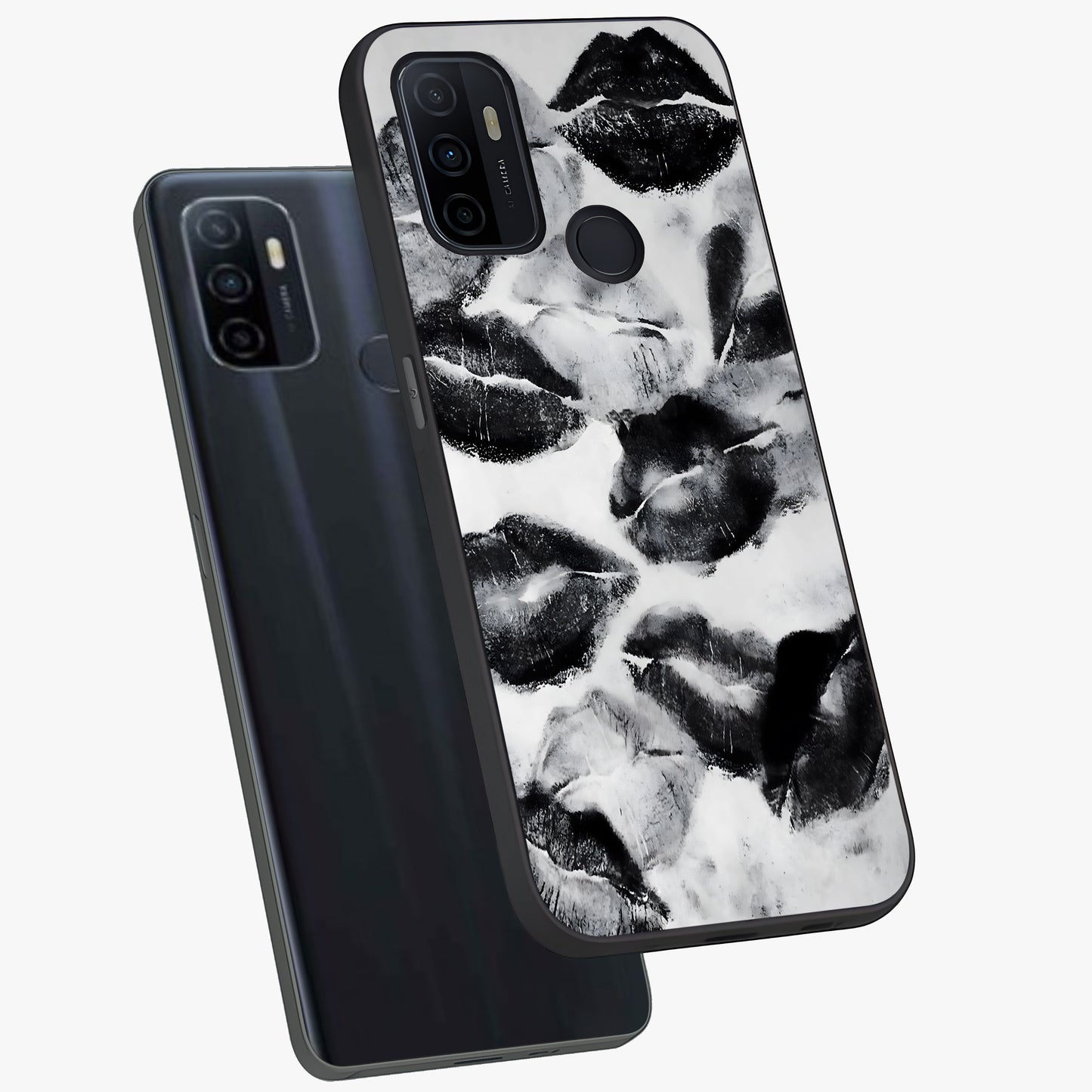 Midnight Kiss Marks Glass Case displayed in angled mockup highlighting playful romantic design with bold midnight aesthetic.