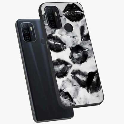 Midnight Kiss Marks Glass Case displayed in angled mockup highlighting playful romantic design with bold midnight aesthetic.