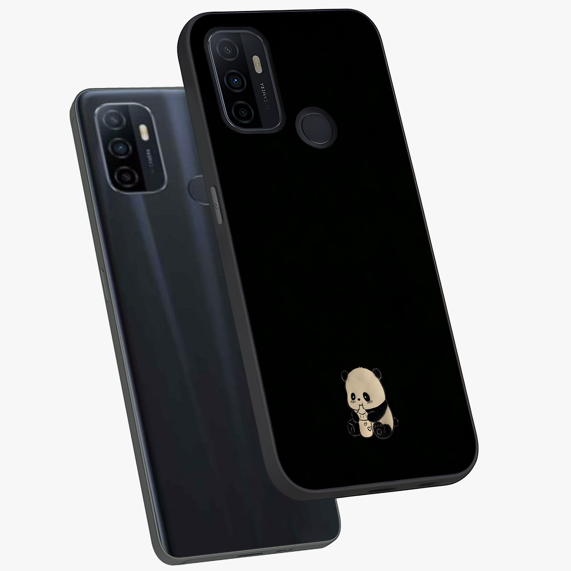Midnight Panda Love Glass Case displayed in angled mockup highlighting adorable panda illustration with midnight aesthetic.