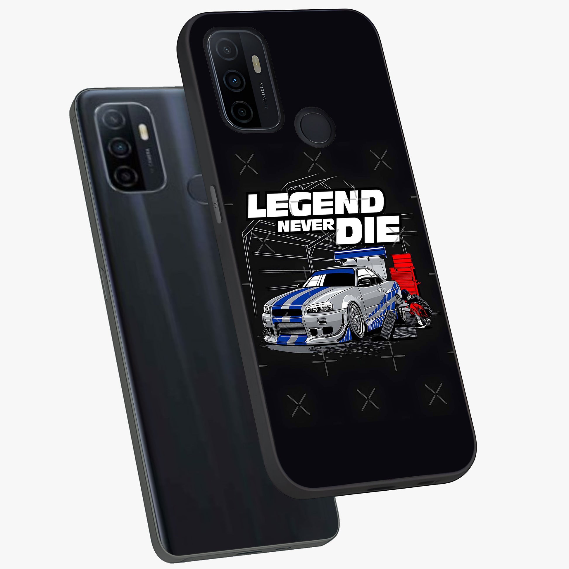 Midnight Racing Legacy Glass Case displayed in angled mockup highlighting dynamic automotive design with bold midnight aesthetic.