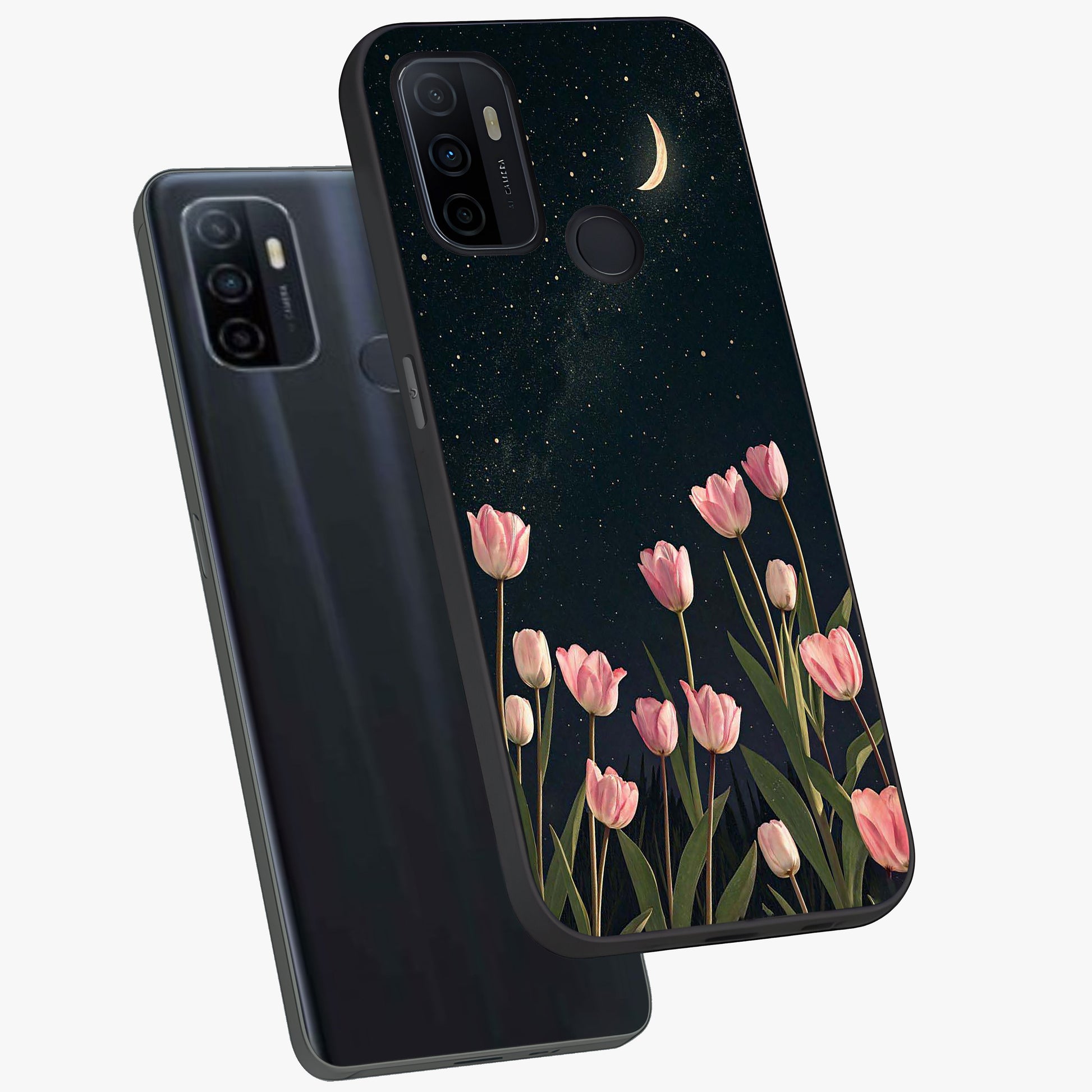 Midnight Tulip Whispers Vibe Glass Case displayed in angled mockup highlighting delicate tulip design with midnight floral aesthetic.