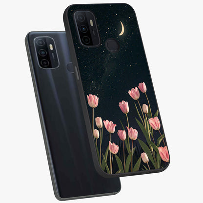 Midnight Tulip Whispers Vibe Glass Case displayed in angled mockup highlighting delicate tulip design with midnight floral aesthetic.