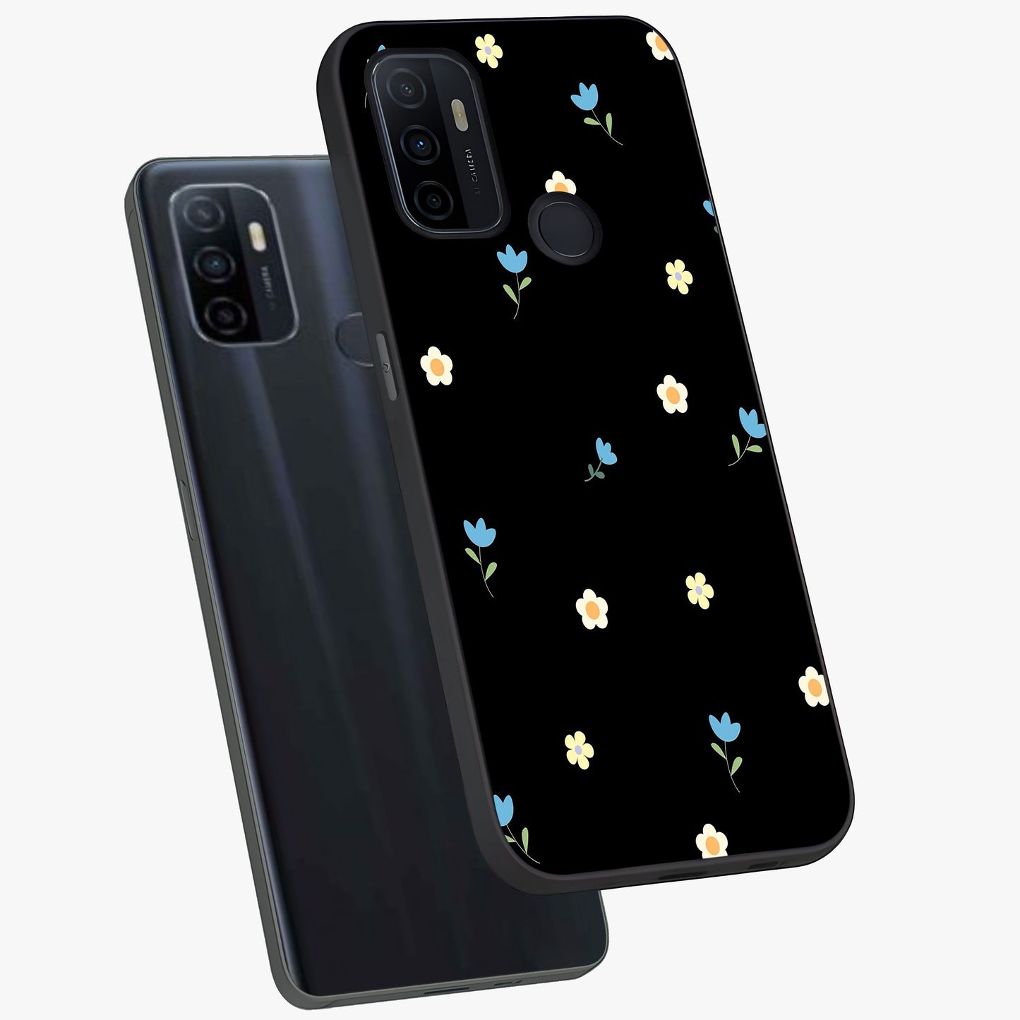 Minimal Petal Whispers Glass Case displayed in angled mockup highlighting delicate petal design with clean minimal aesthetic.