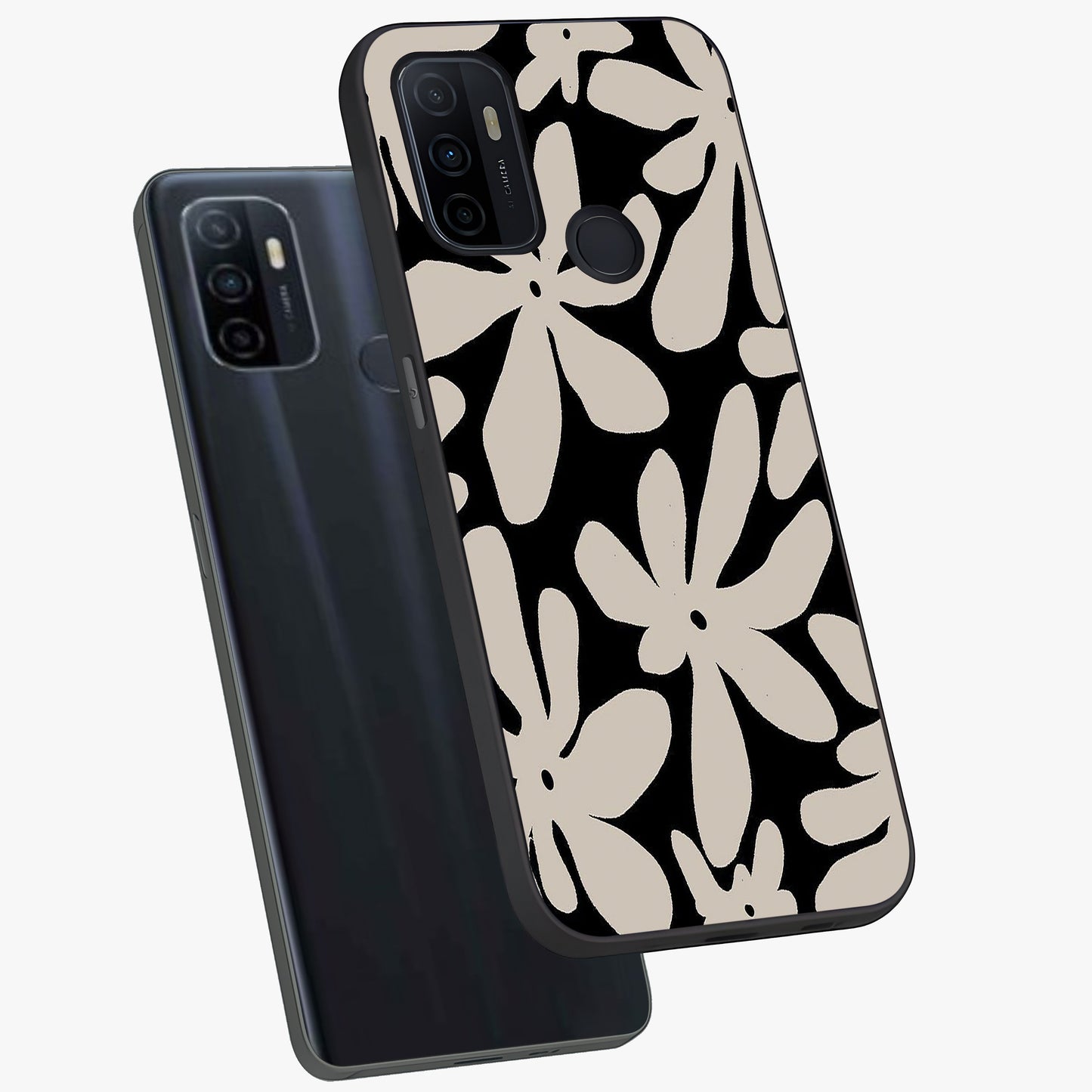 Monochrome Petal Dance Glass Case displayed in angled mockup highlighting elegant petal design with black and white aesthetic.