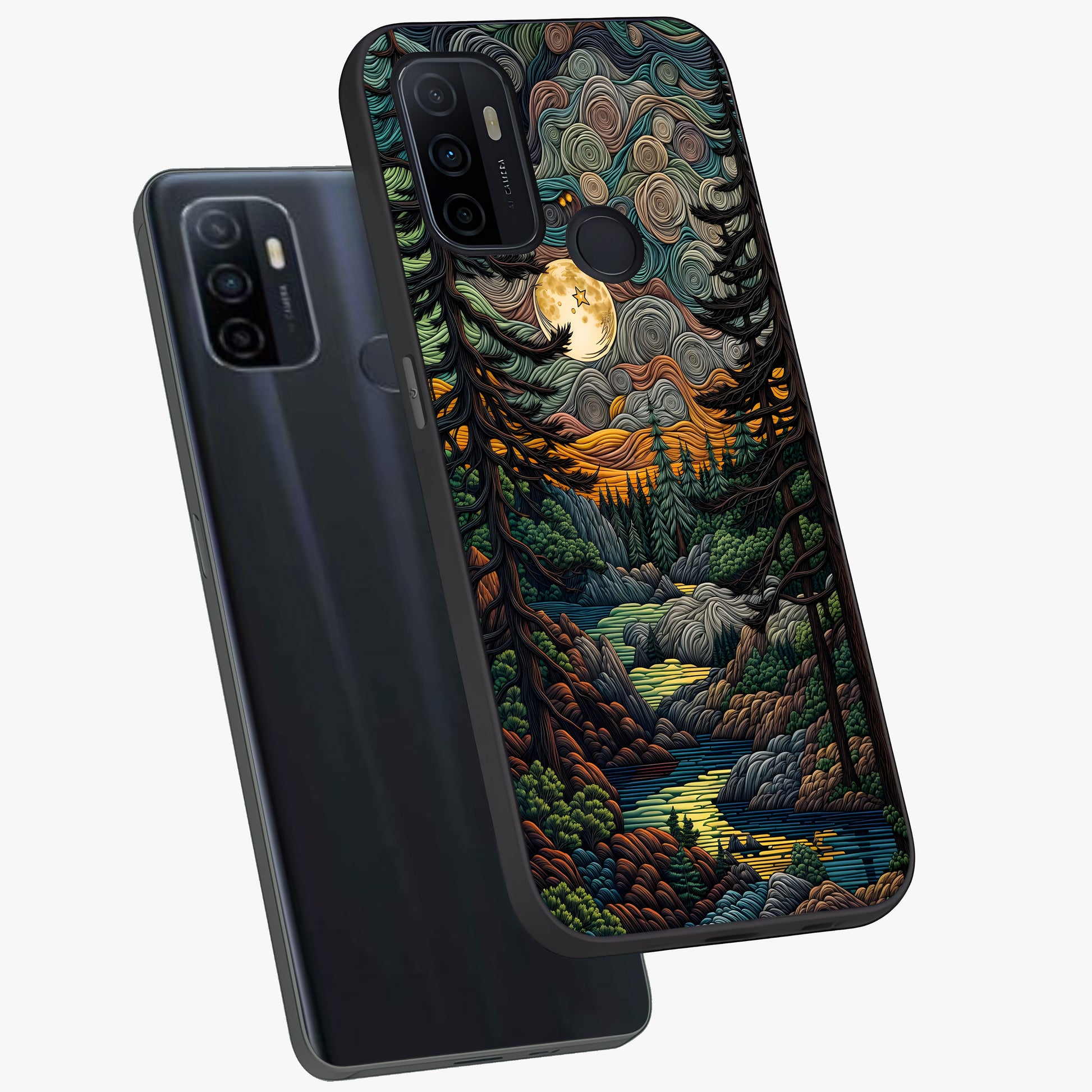 Moonlight Forest Dream Glass Case displayed in angled mockup highlighting dreamy forest design with glowing moon aesthetic.