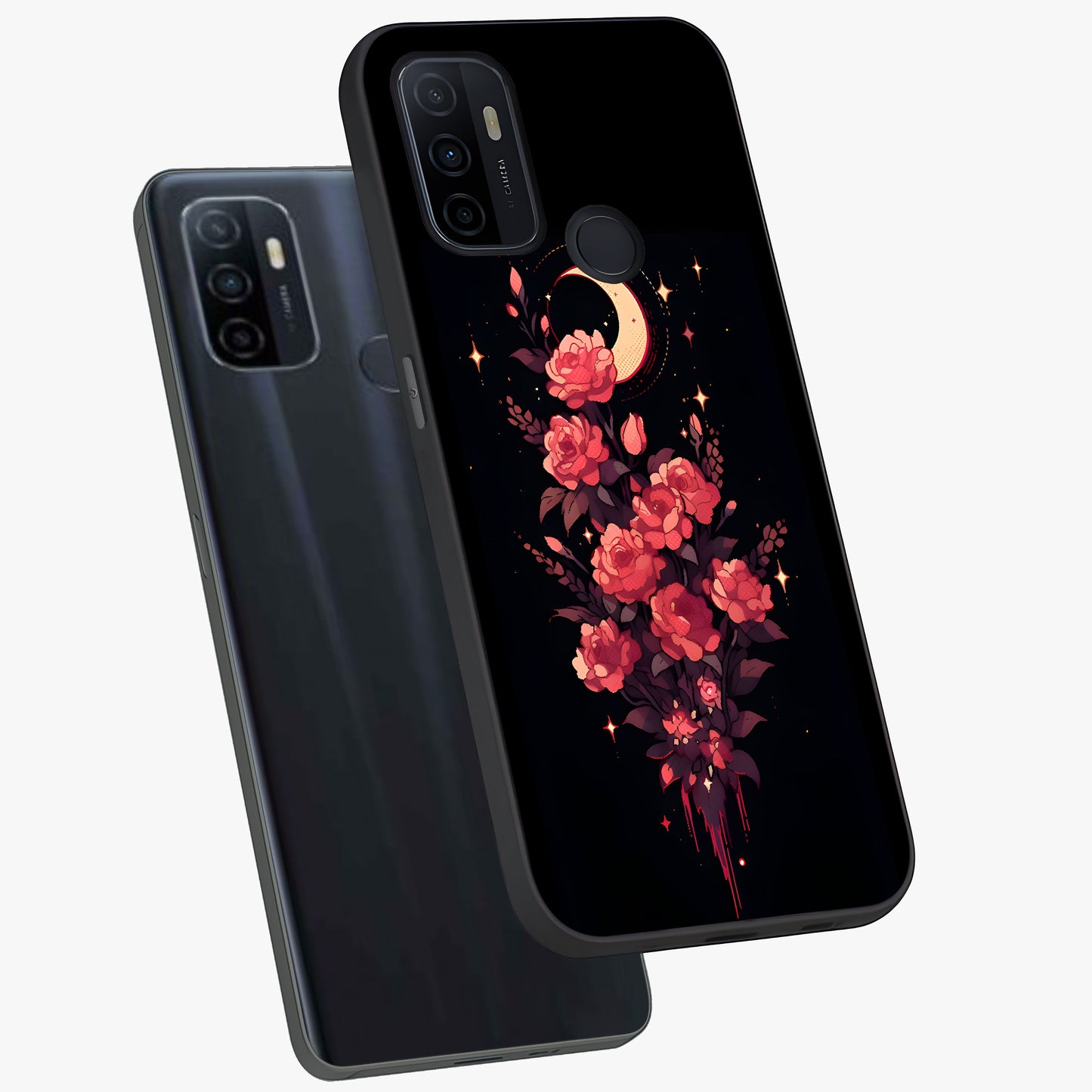 Moonlit Floral Elegance Glass Case displayed in angled mockup highlighting graceful flower design with soft moonlight aesthetic.