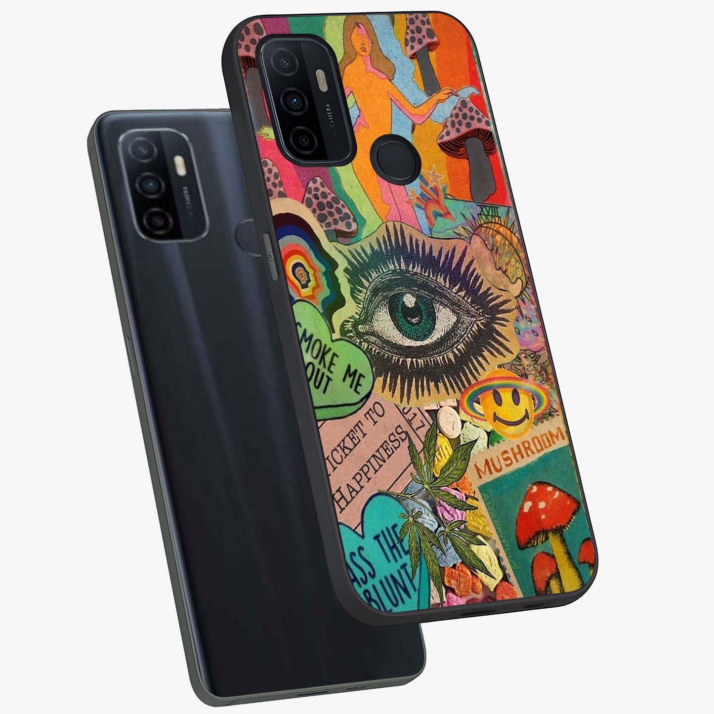 Mystic Eye Wonderland Glass Case displayed in angled mockup highlighting magical eye illustration with dreamy aesthetic.