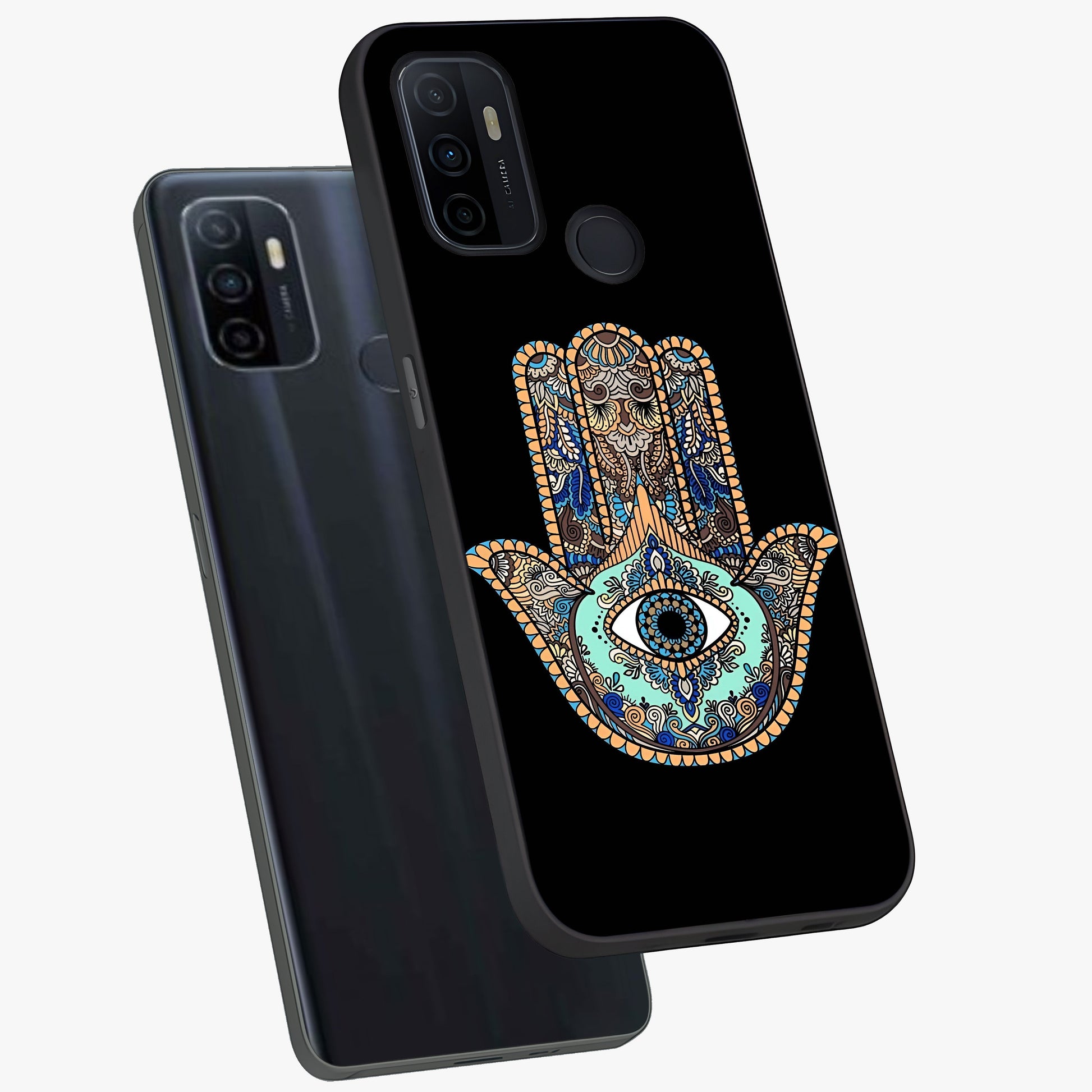 Mystic Hamsa Eye Glass Case displayed in angled mockup highlighting spiritual hamsa symbol with mystical aesthetic style.