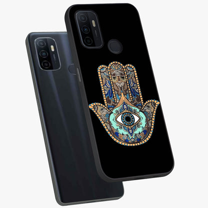 Mystic Hamsa Eye Glass Case displayed in angled mockup highlighting spiritual hamsa symbol with mystical aesthetic style.