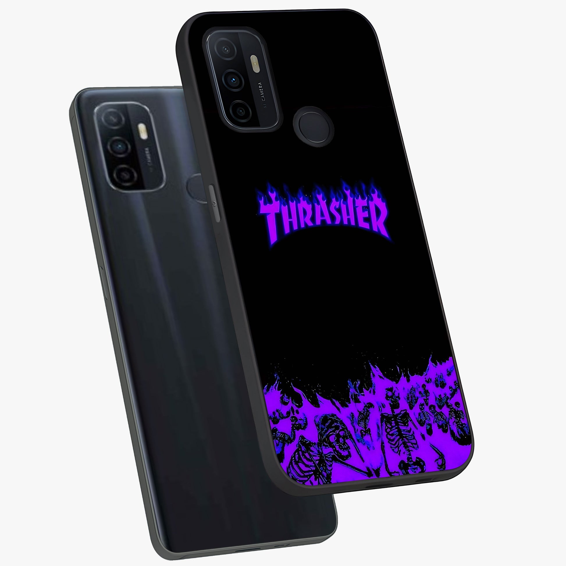 Neon Flame Riot Glass Case displayed in angled mockup highlighting glowing flame design with vibrant neon aesthetic.