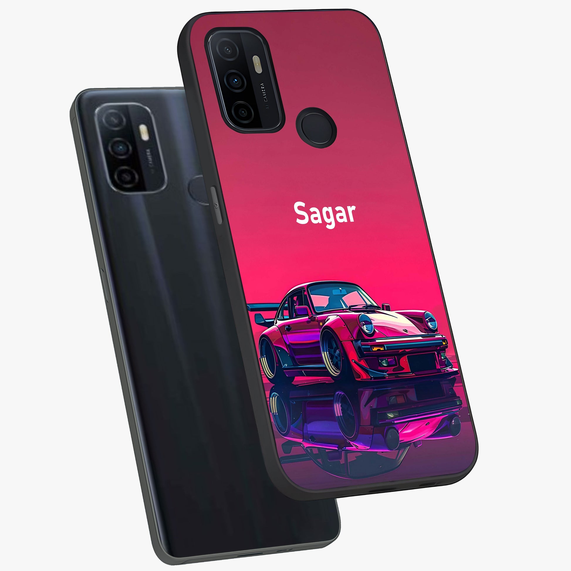 Neon Pink Porsche Glass Case displayed in angled mockup highlighting sleek neon pink car design with racing aesthetic.