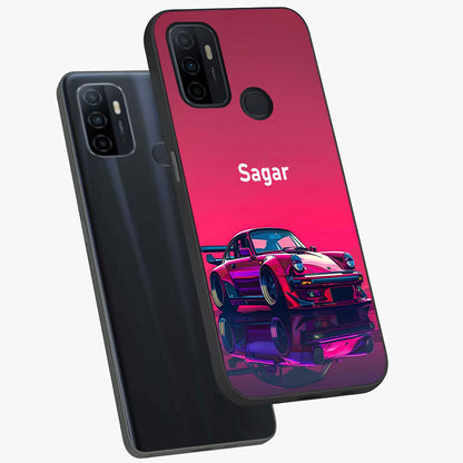 Neon Pink Porsche Glass Case displayed in angled mockup highlighting sleek neon pink car design with racing aesthetic.