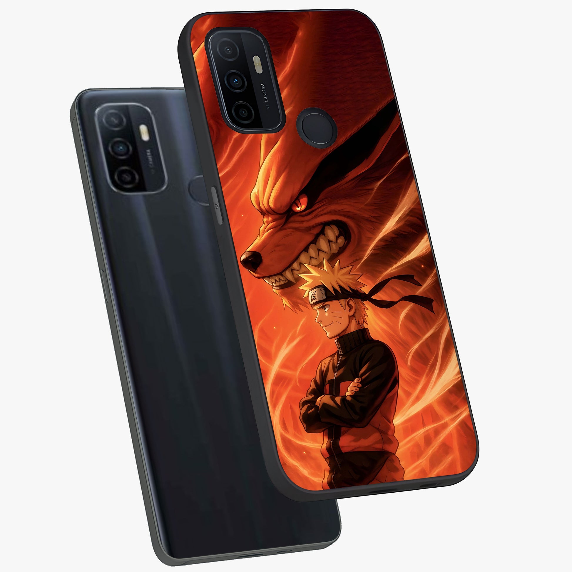 Nine Tails Legacy Glass Case displayed in angled mockup highlighting dynamic anime beast illustration with bold mystical aesthetic.