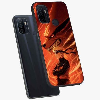 Nine Tails Legacy Glass Case displayed in angled mockup highlighting dynamic anime beast illustration with bold mystical aesthetic.