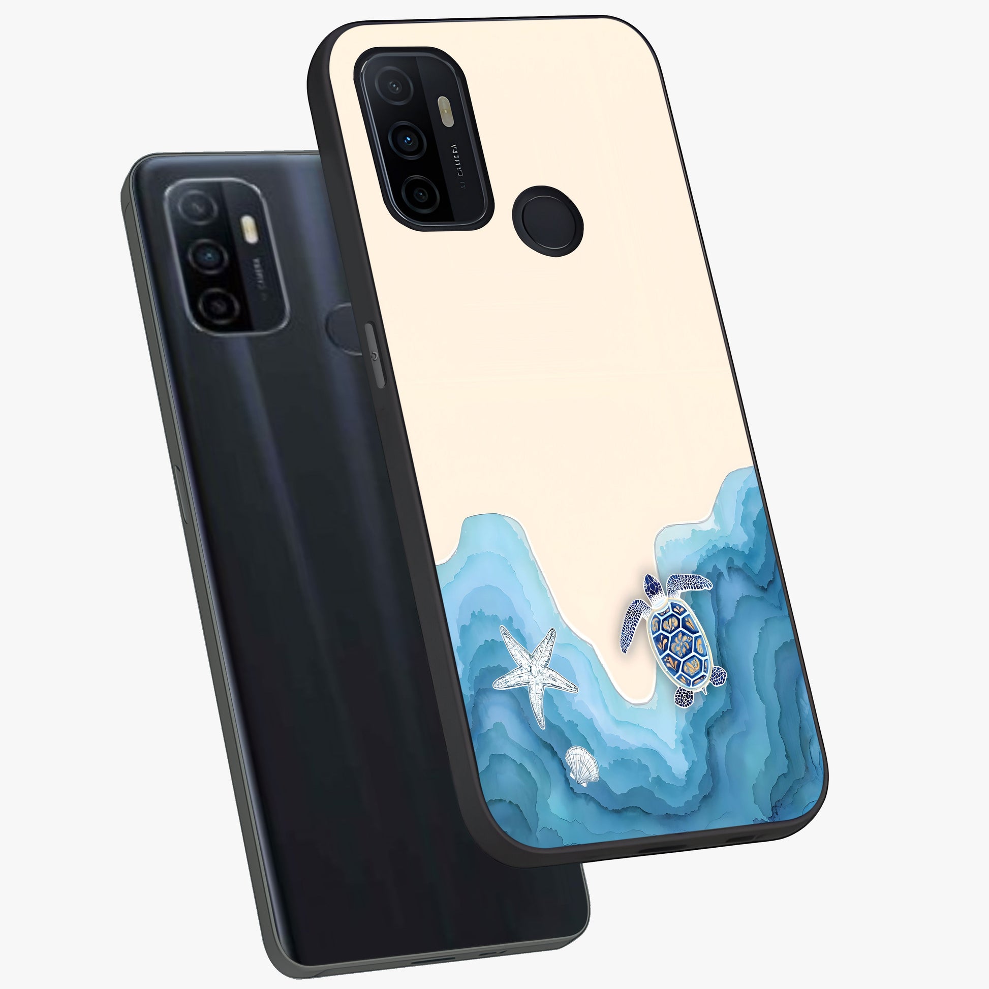 Ocean Drift Turtle Glass Case displayed in angled mockup highlighting peaceful ocean turtle illustration with marine aesthetic.