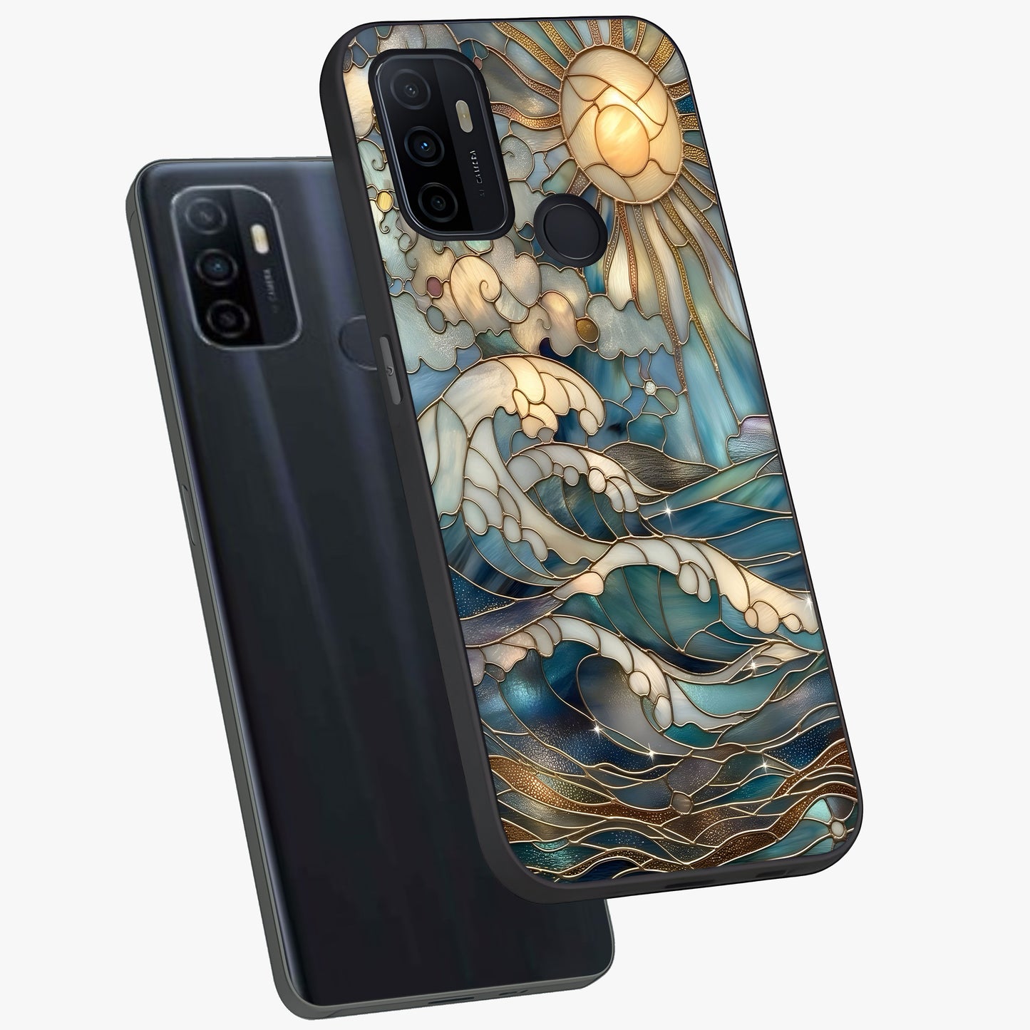 Oceanic Stained Printed Glass Case displayed in angled mockup highlighting colorful aquatic design with artistic aesthetic style.