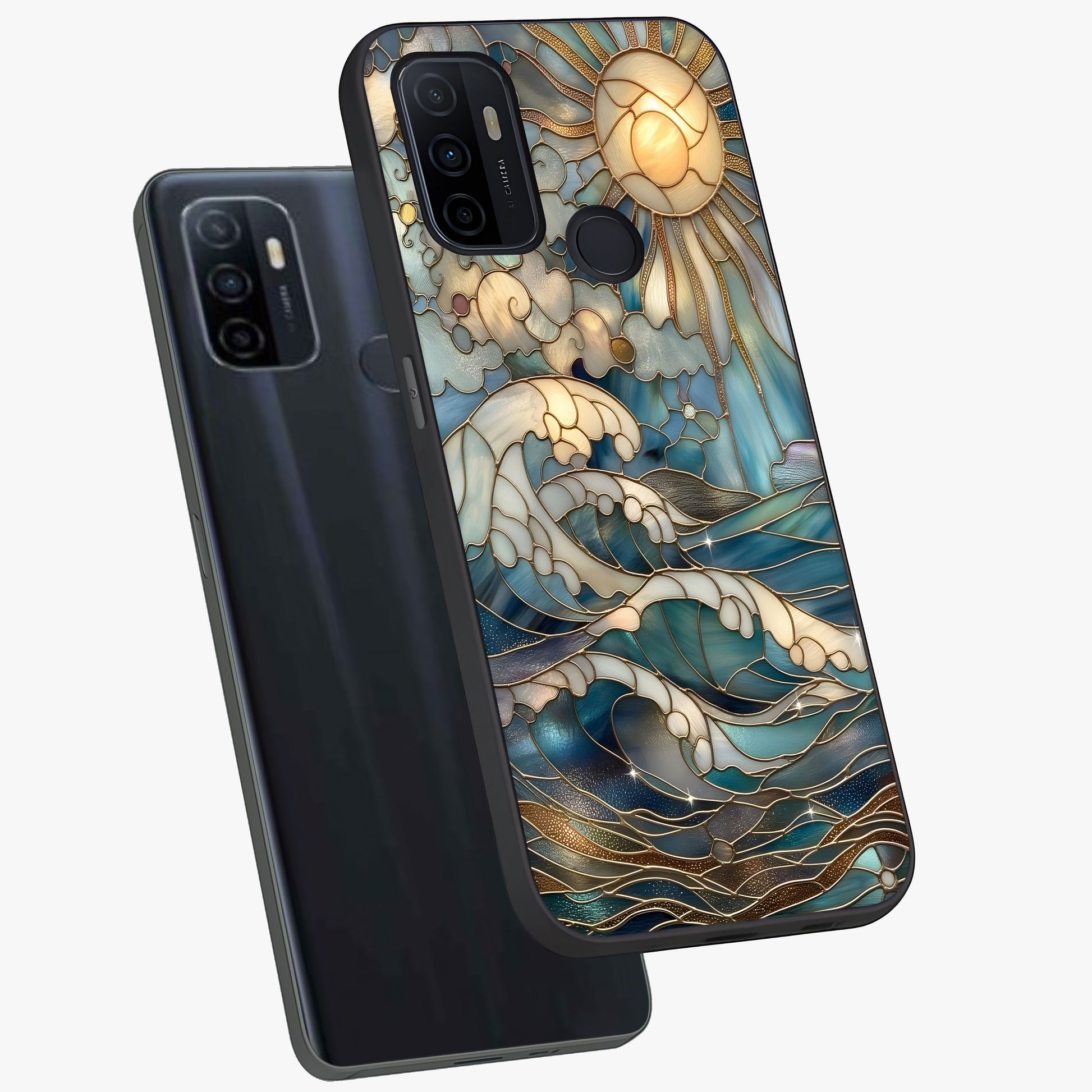 Oceanic Stained Printed Glass Case displayed in angled mockup highlighting colorful aquatic design with artistic aesthetic style.