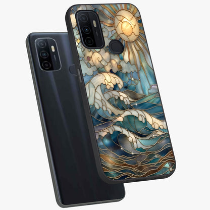 Oceanic Stained Printed Glass Case displayed in angled mockup highlighting colorful aquatic design with artistic aesthetic style.