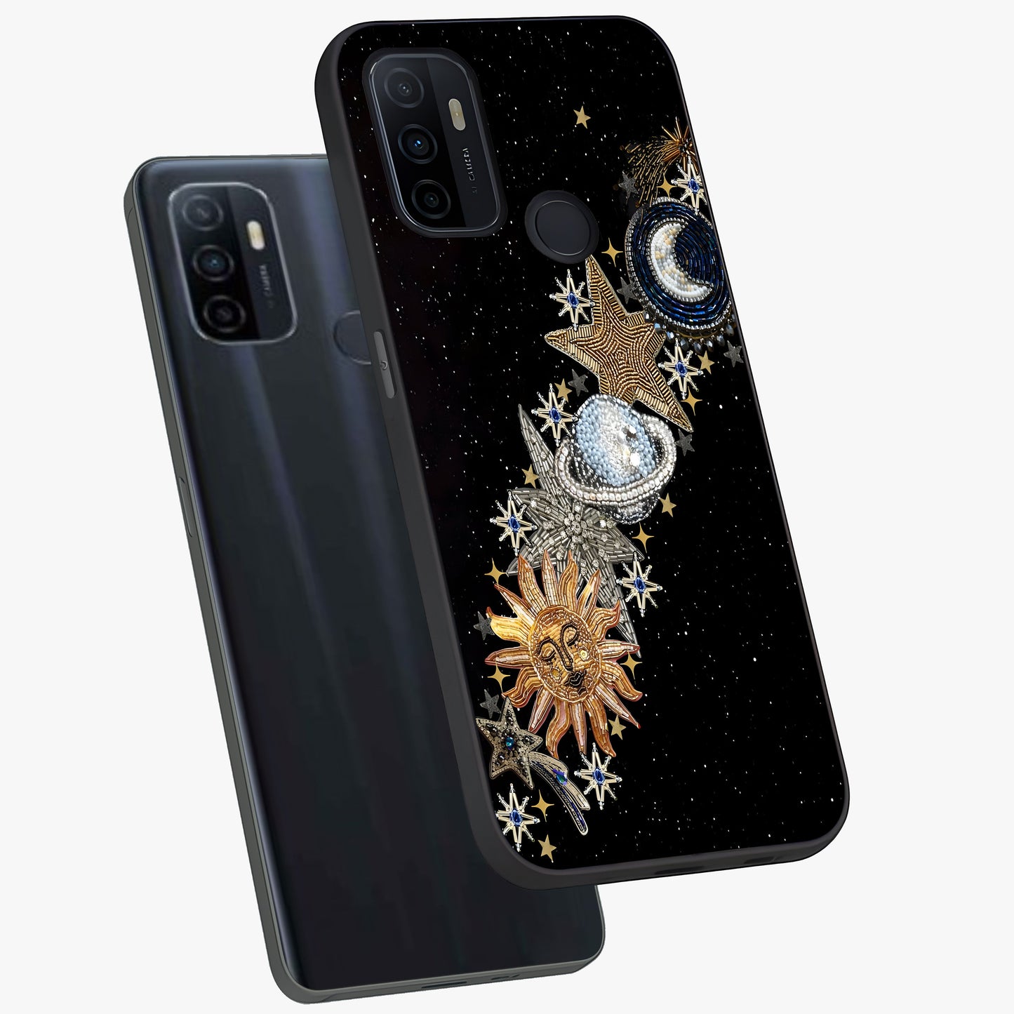 Pearls Universe Object Glass Case displayed in angled mockup highlighting celestial pearl design with dreamy aesthetic.