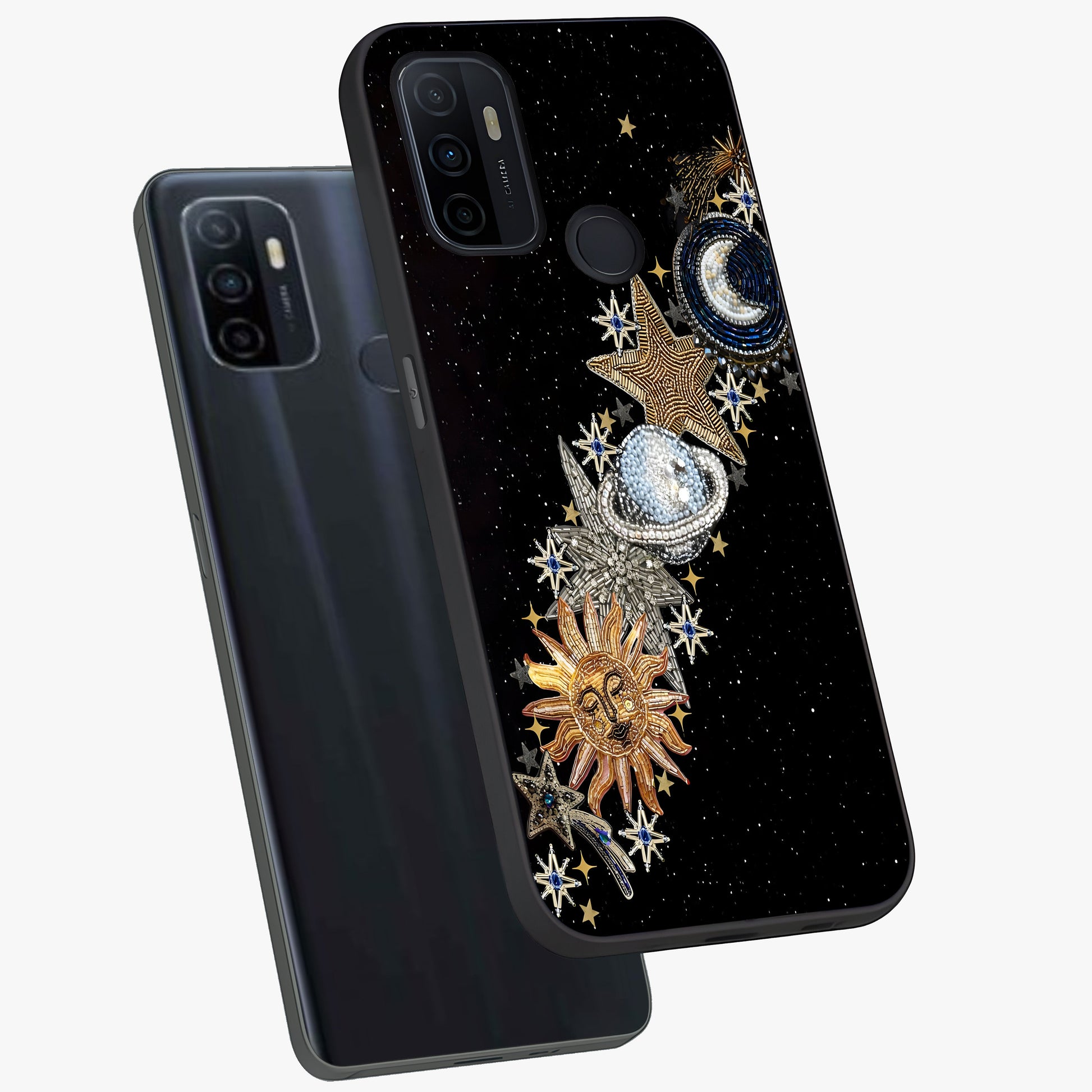 Pearls Universe Object Glass Case displayed in angled mockup highlighting celestial pearl design with dreamy aesthetic.