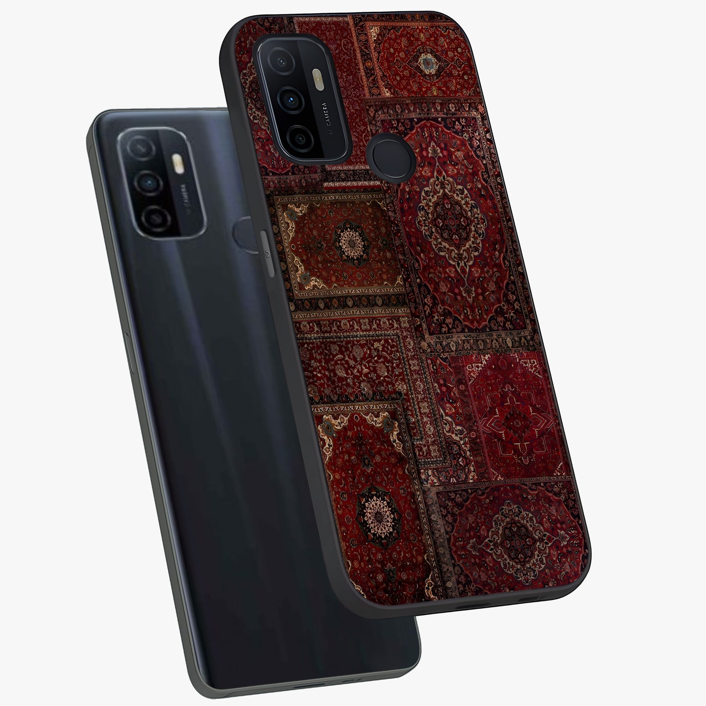 Persian Velvet Tale Glass Case displayed in angled mockup highlighting ornate textile inspired design with royal aesthetic.