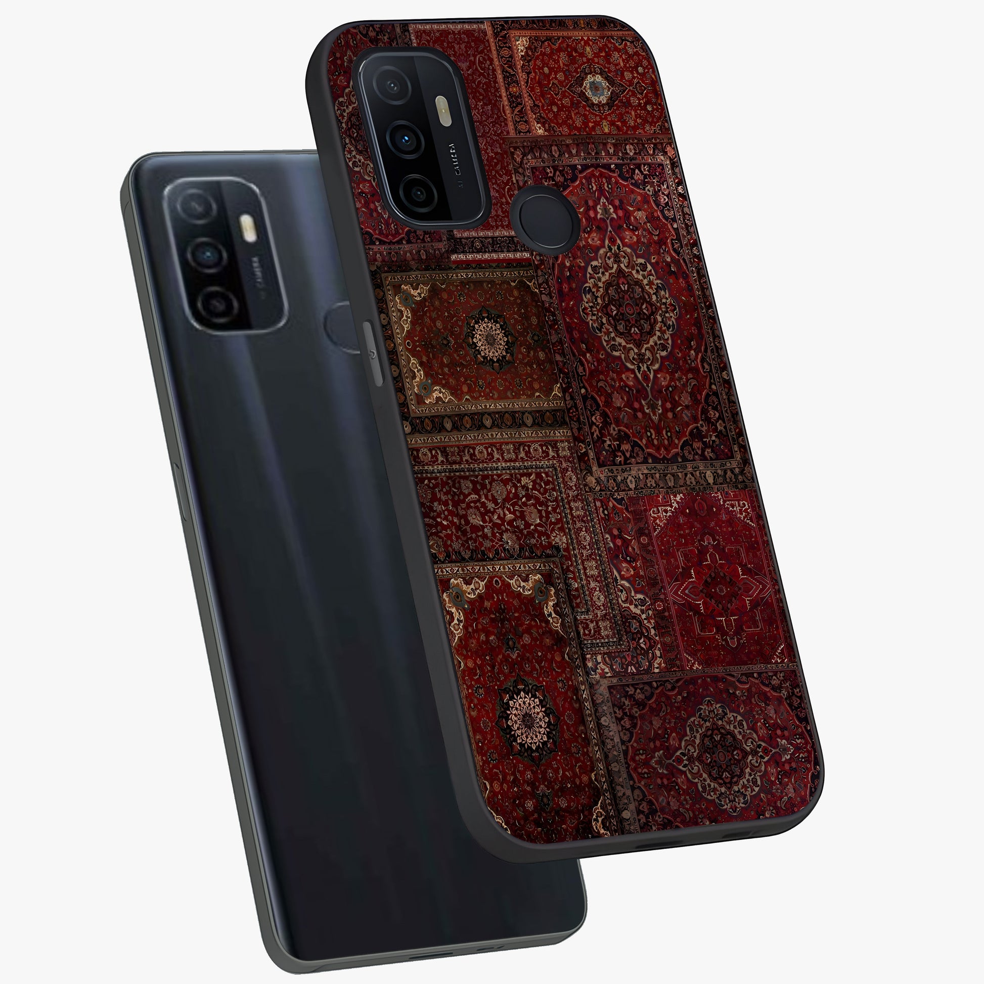 Persian Velvet Tale Glass Case displayed in angled mockup highlighting ornate textile inspired design with royal aesthetic.