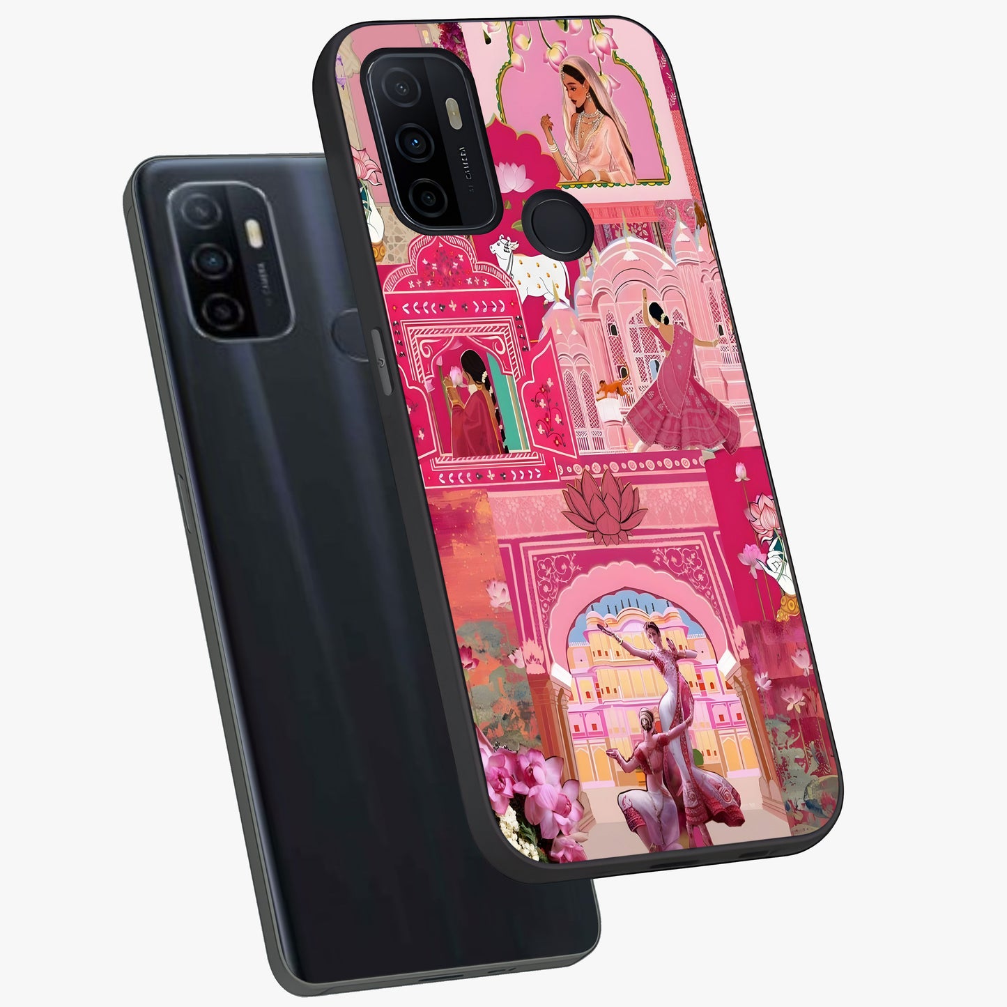 Pink Palace Muse Glass Case displayed in angled mockup highlighting dreamy palace illustration with soft pink aesthetic.